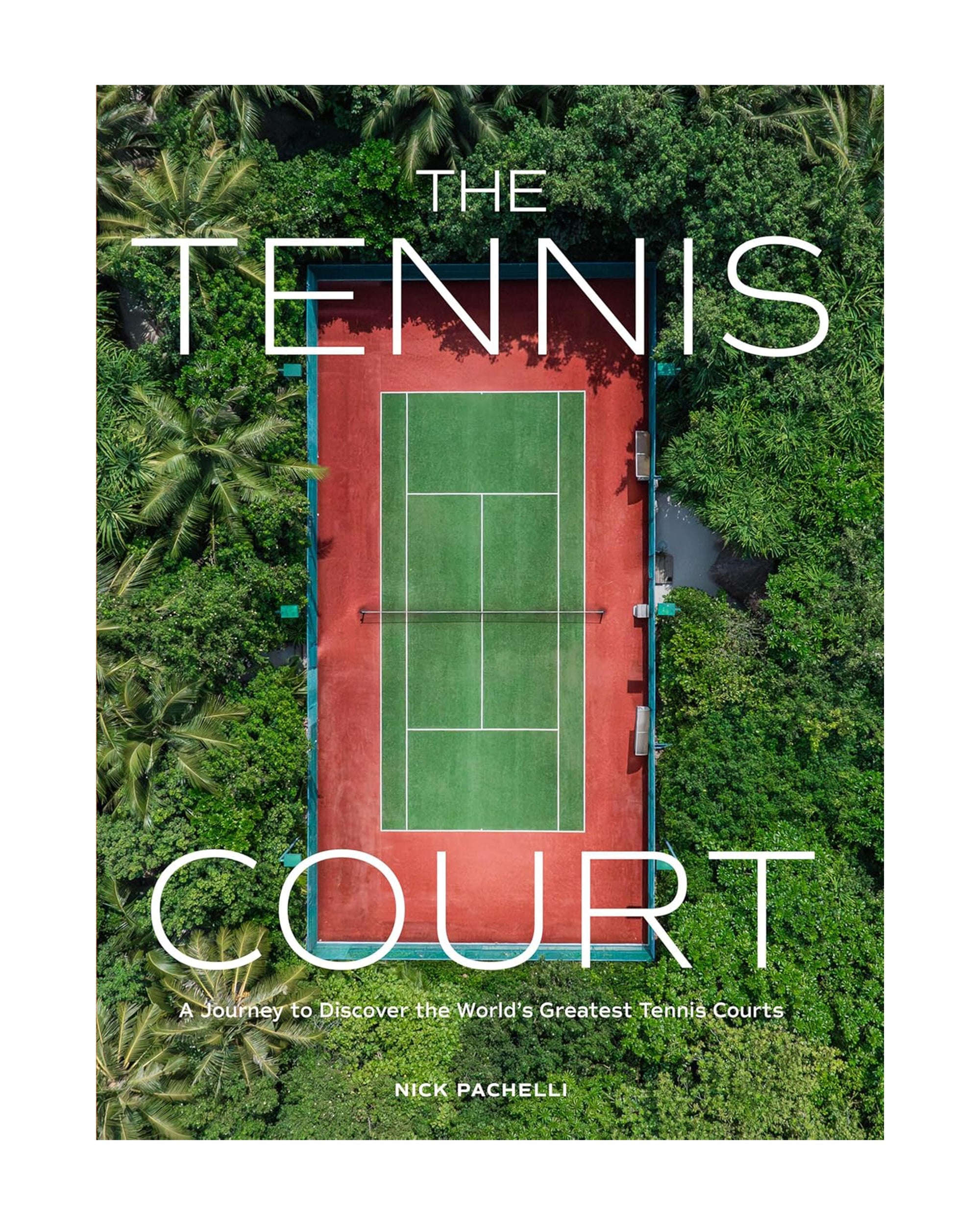 Aerial view of a red and green tennis court surrounded by dense trees. Overlaid text: "Tennis Court by Faire" – a journey to the world’s greatest courts, captured by tennis photography expert Nick Pachelli.