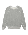 The Great Inc.'s The College Sweatshirt VARSITY GREY is an oversized, light gray crew neck with visible seam details, made from double washed terry and displayed flat for a relaxed look.