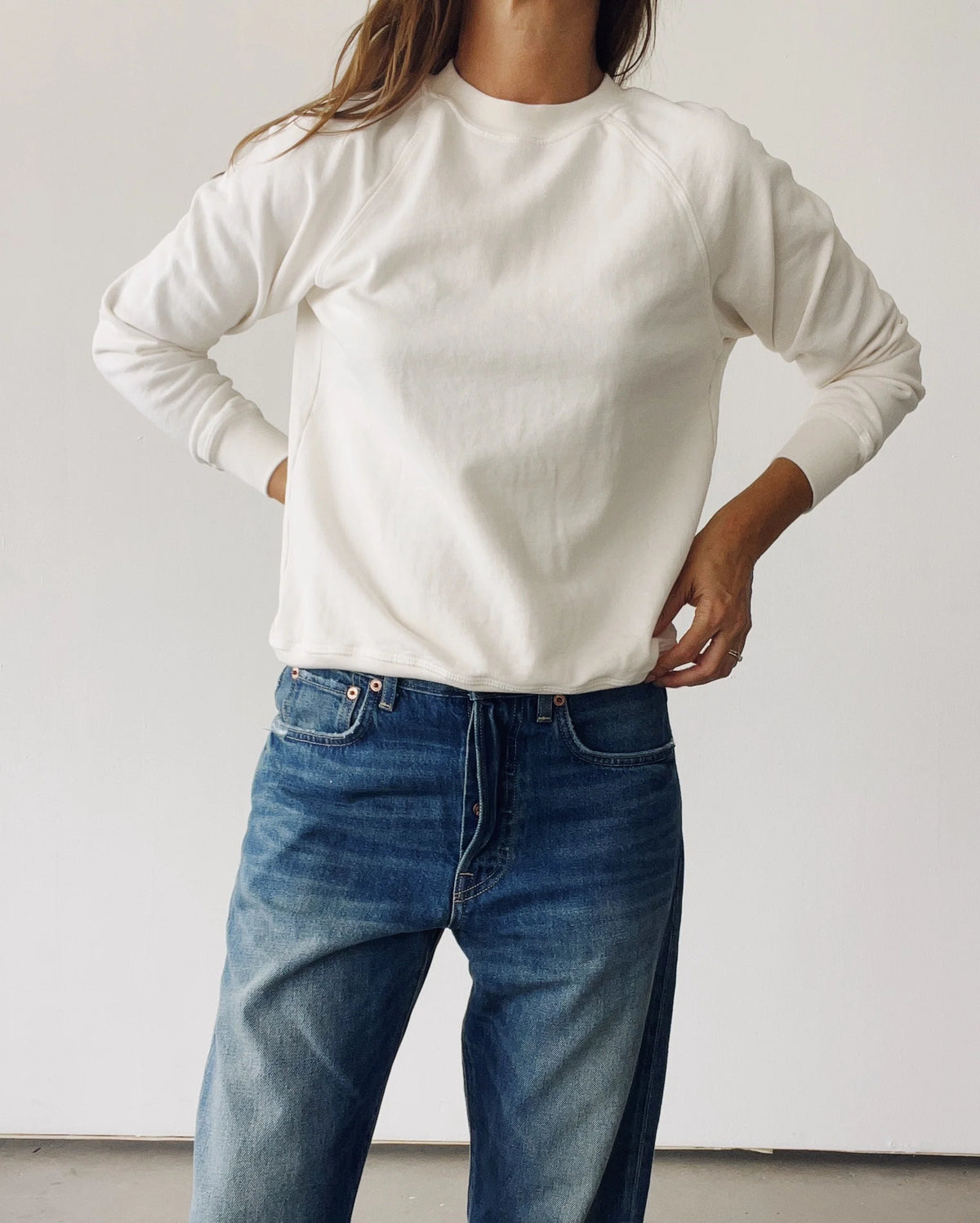 Hey Gang The Sweatshirt in Natural with blue jeans, casual style against a white background.