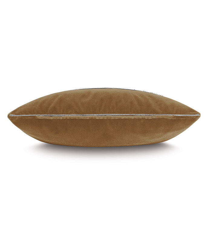 The TAOS FAUX MOHAIR pillow by Eastern Accents is shown from the side, highlighting its soft brown texture and thin, light-colored piping along the seam.