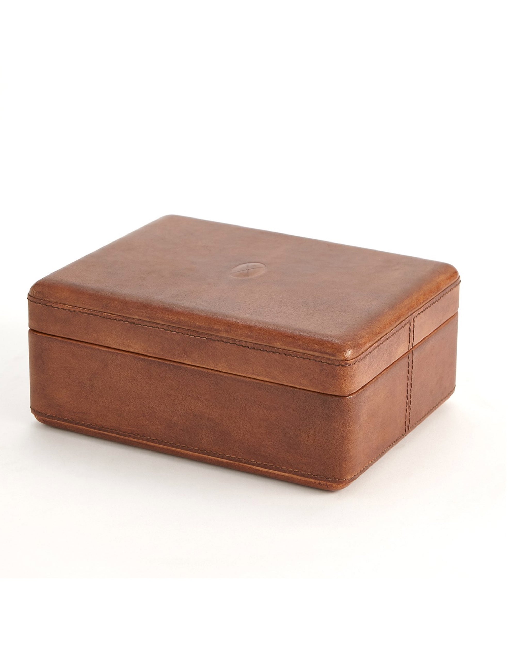 The BB-9.90049 Tobacco Covered Box LG by Global Views is a rectangular brown leather box with a smooth finish and visible stitching, adding elegance to any desk accessory collection.