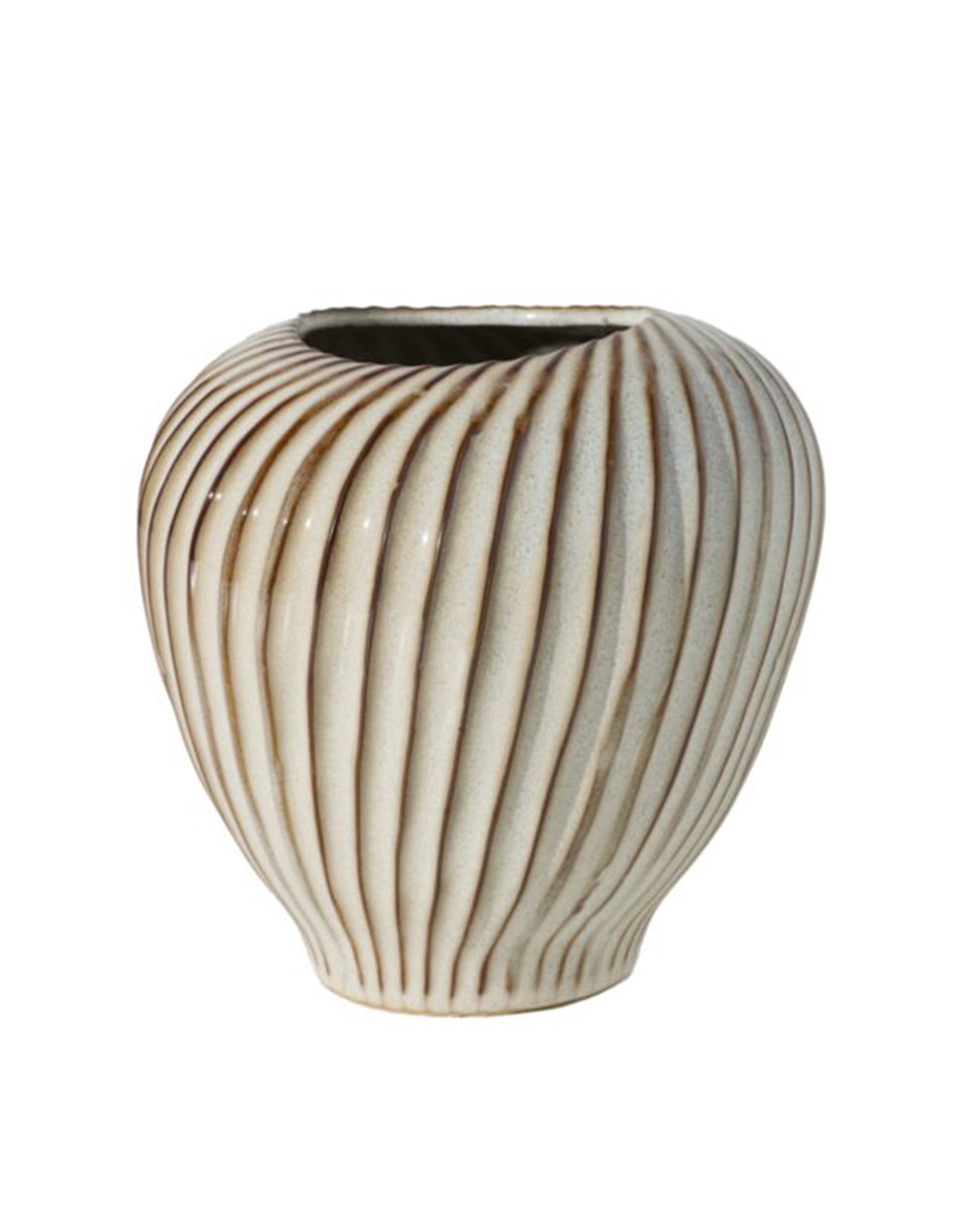 Round beige ceramic Tomar Vase with brown ridges and neutral glaze by Accent Decor, perfect for modern decor.