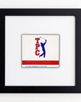 A framed acrylic print featuring a blue silhouette of a golfer in mid-swing, with the letters "TPC" in red and black and the text "UNIVERSAL MIDWEST 06-21-3429" below, displayed in an Art Square Black Frame by Match South.