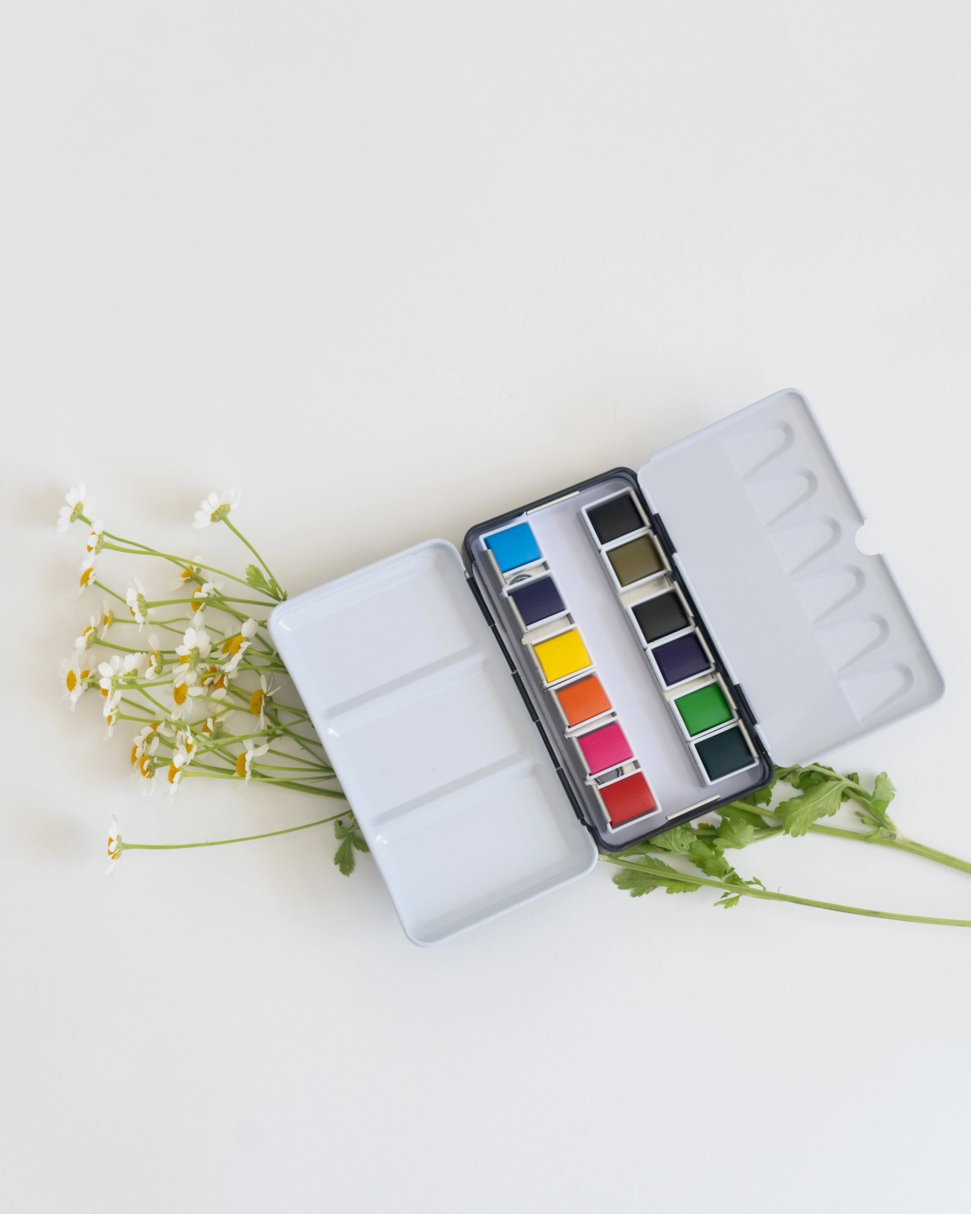 The Faire Travel Watercolor Paint Palette, featuring twelve vibrant pans, is open on a white surface with delicate white and yellow flowers and green leaves arranged beneath it.