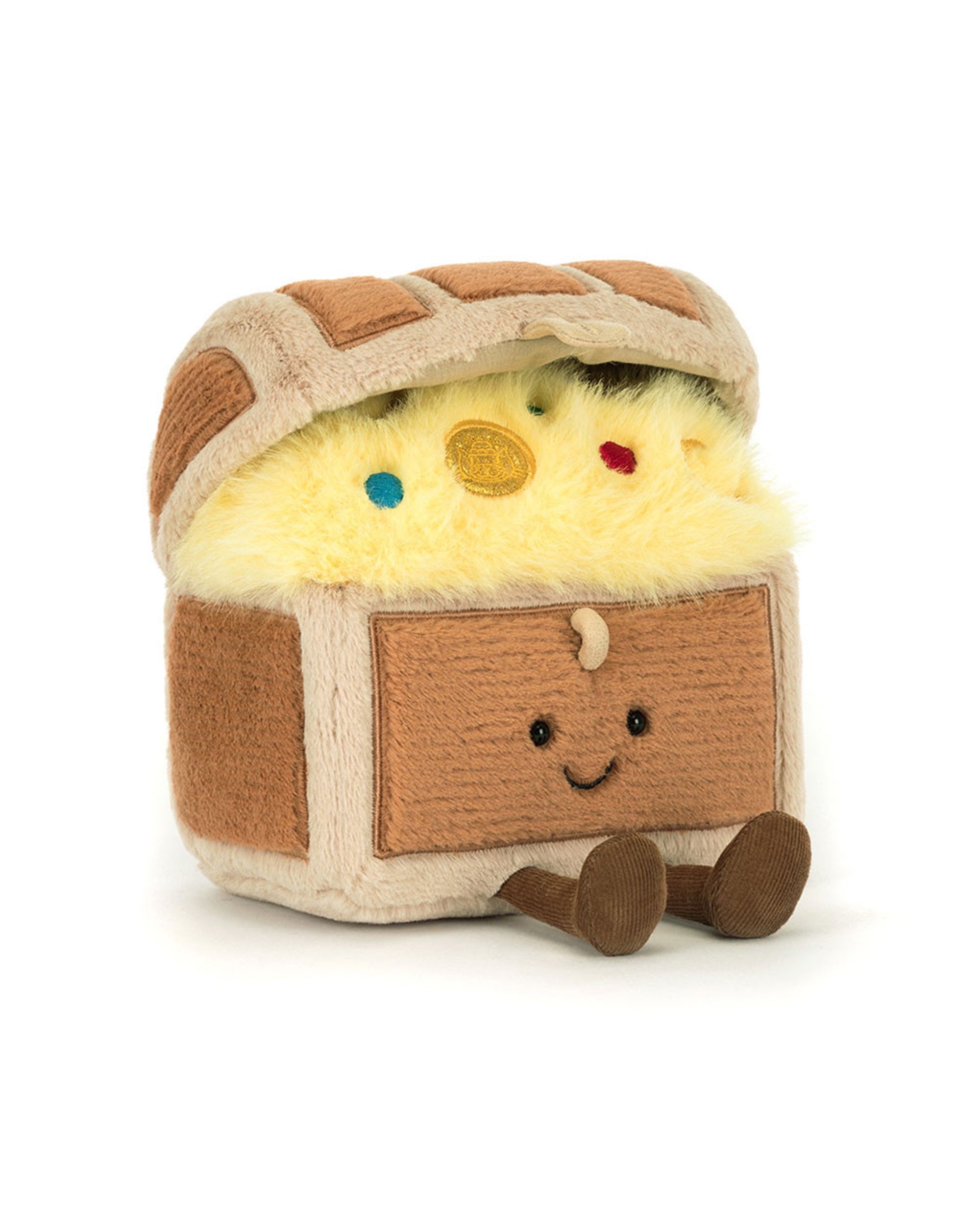 The Jelly Cat Inc. Treasure Chest is a plush toy with a smiling face, open lid, soft yellow "gold," and colorful fabric gems and coins—perfect for imaginative play and adventures!.