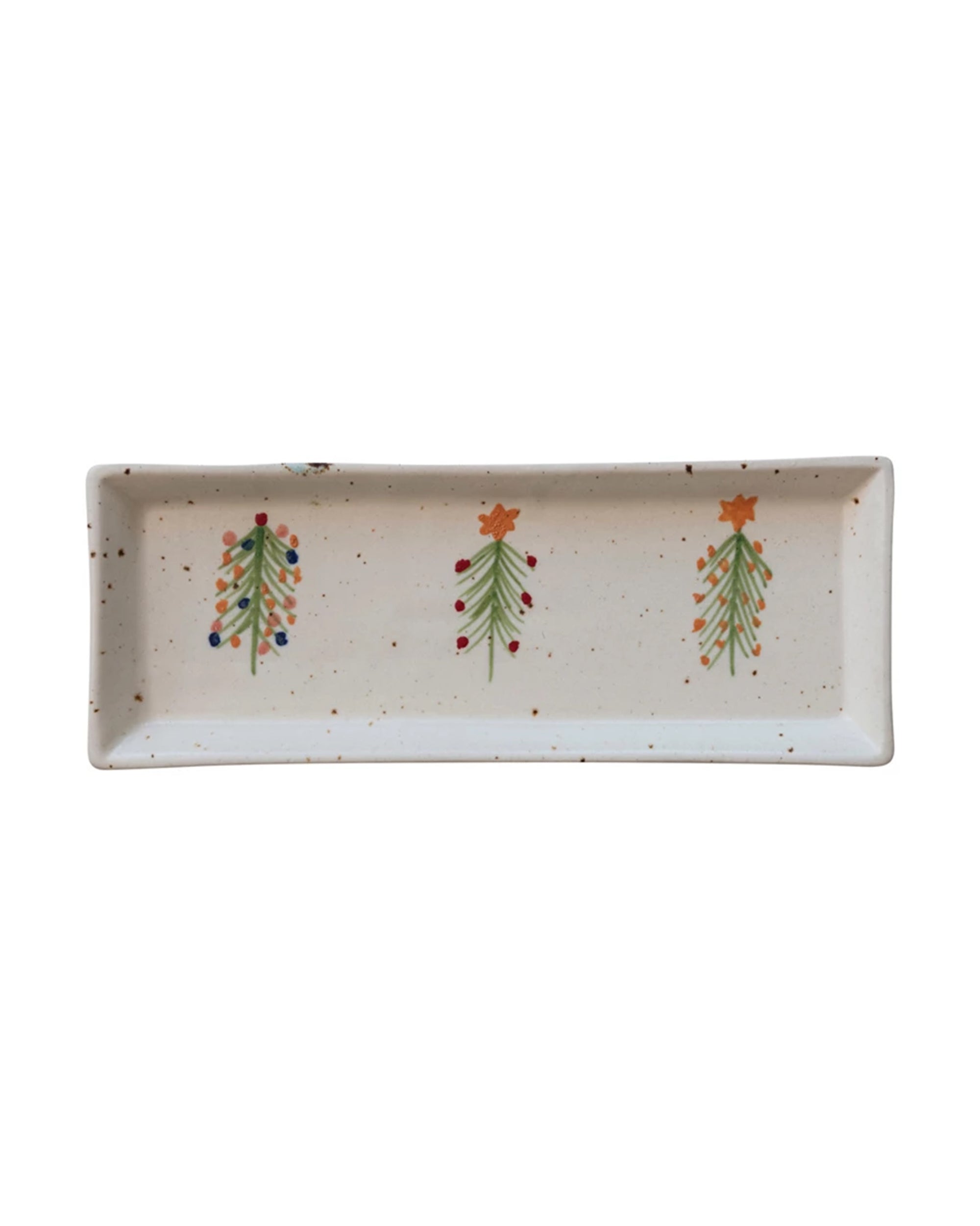 The Creative Co-op Tree Platter is a rectangular hand-painted stoneware tray with a speckled pattern, featuring three Christmas trees dotted with color and topped with orange stars—perfect for festive holiday gatherings.