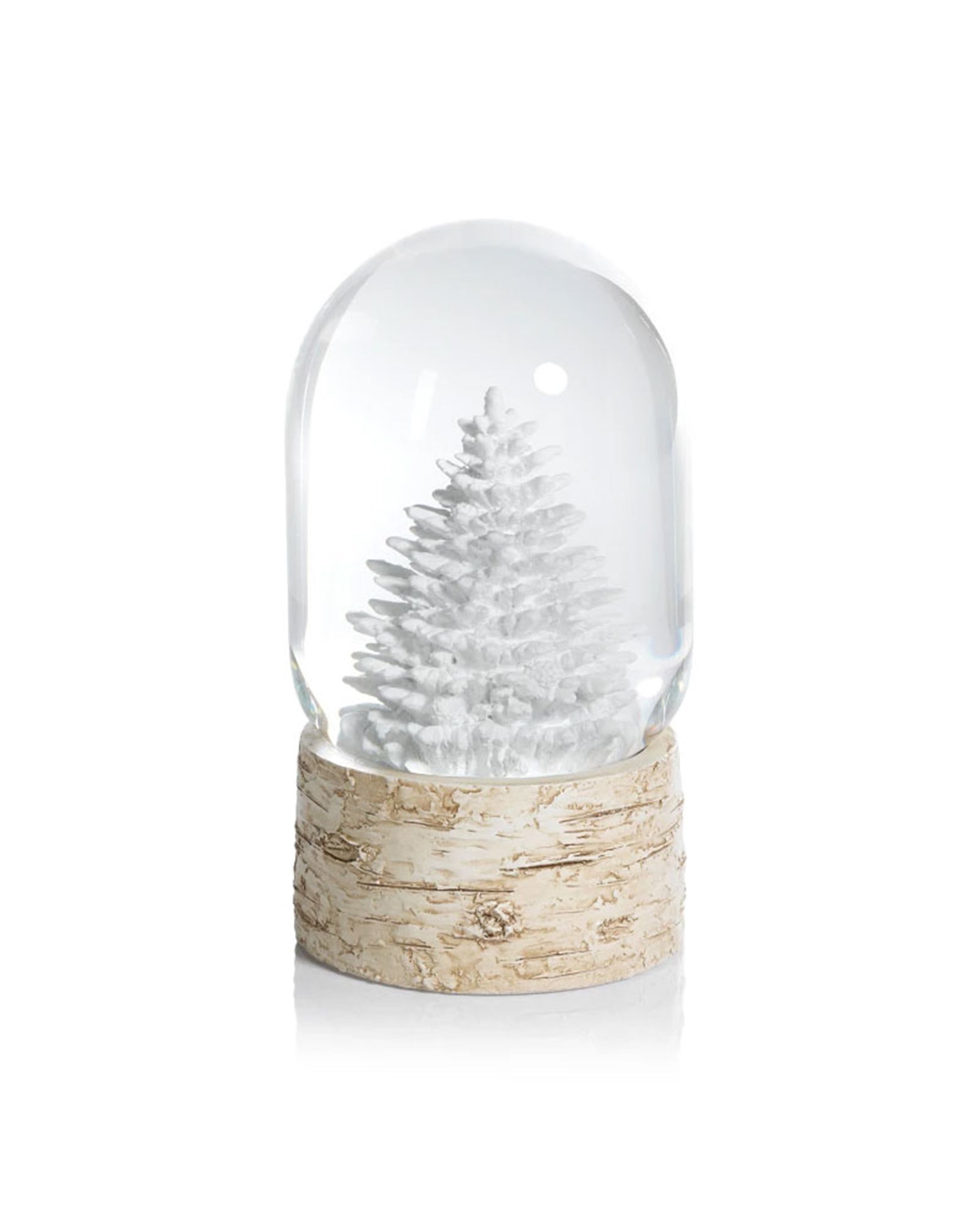 The Zodax Snow Globe L features a clear glass dome with a white pine tree, set on a birch bark-inspired base—an elegant addition to your winter decor.
