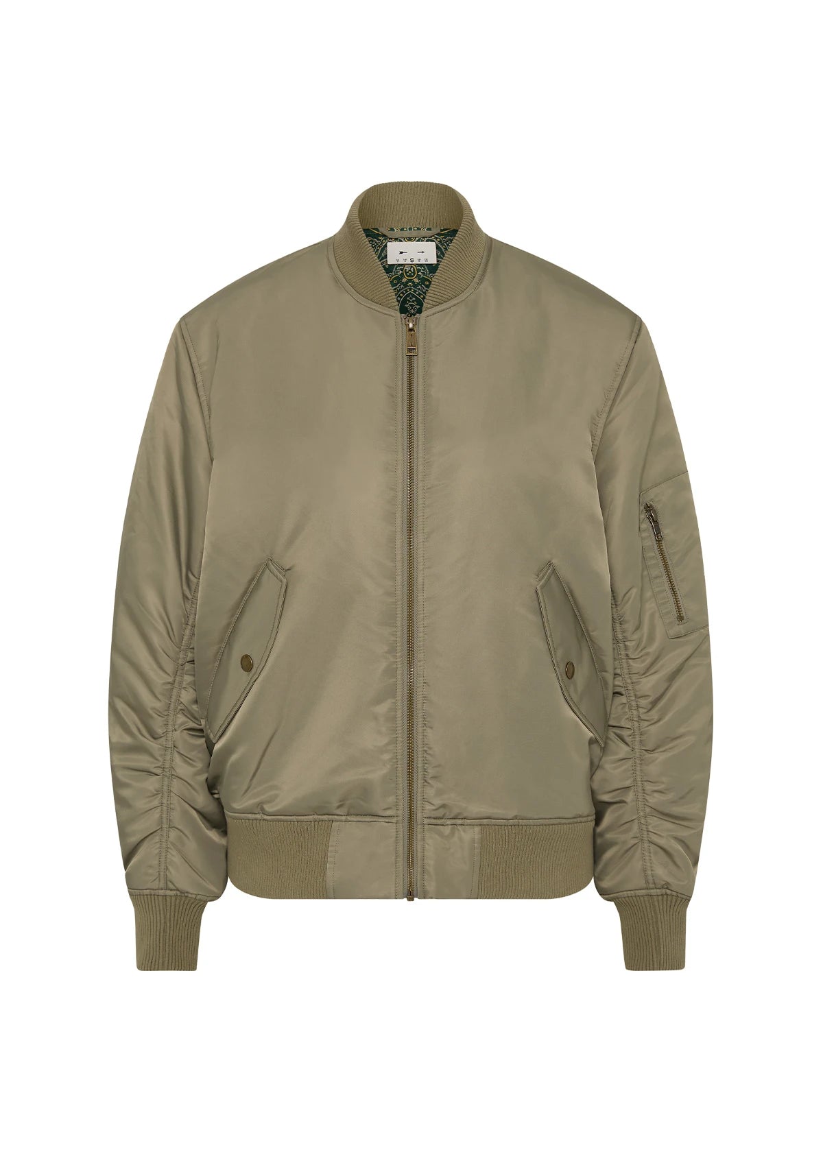 Olive green bomber jacket with front zip, ribbed trim, button pockets; The Upside Tribute in recycled nylon.
