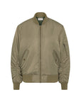Olive green bomber jacket with front zip, ribbed trim, button pockets; The Upside Tribute in recycled nylon.