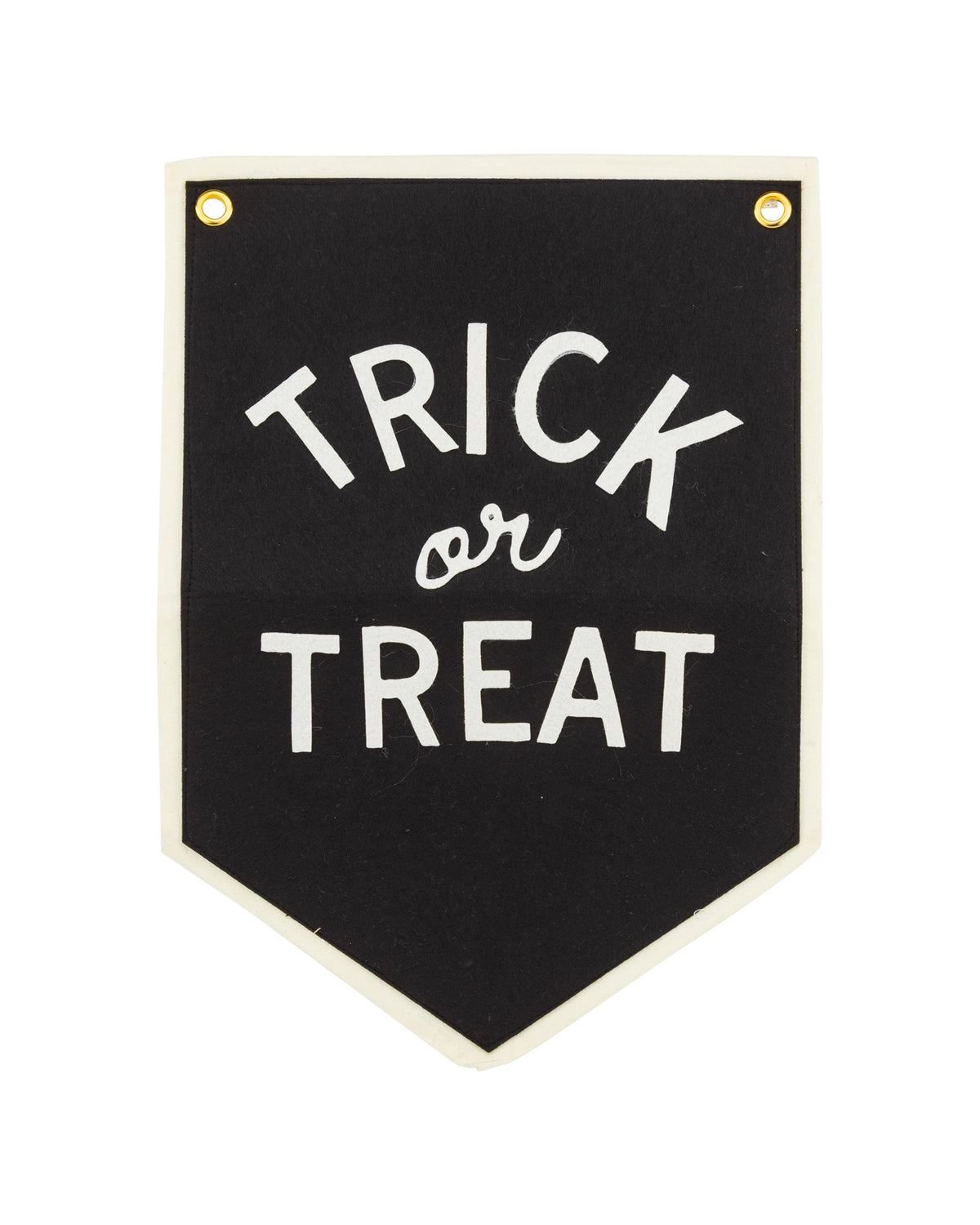 Canvas Trick or Treat banner with white text, border, and gold grommets by Bungalow Furniture for Halloween décor.