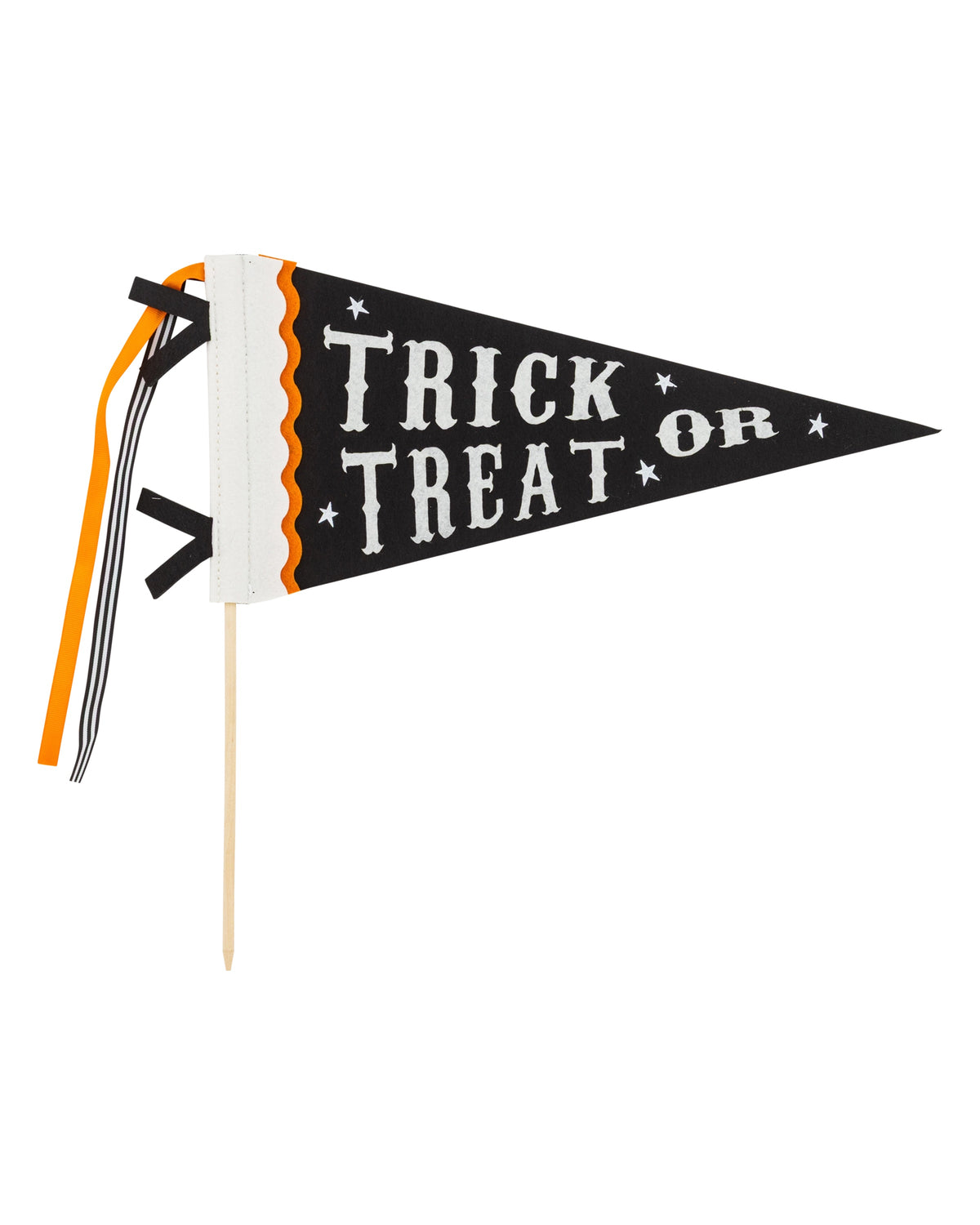 Trick or Treat felt pennant with vintage style and ribbons by Bungalow Furniture &amp; Accessories, festive Halloween decor.