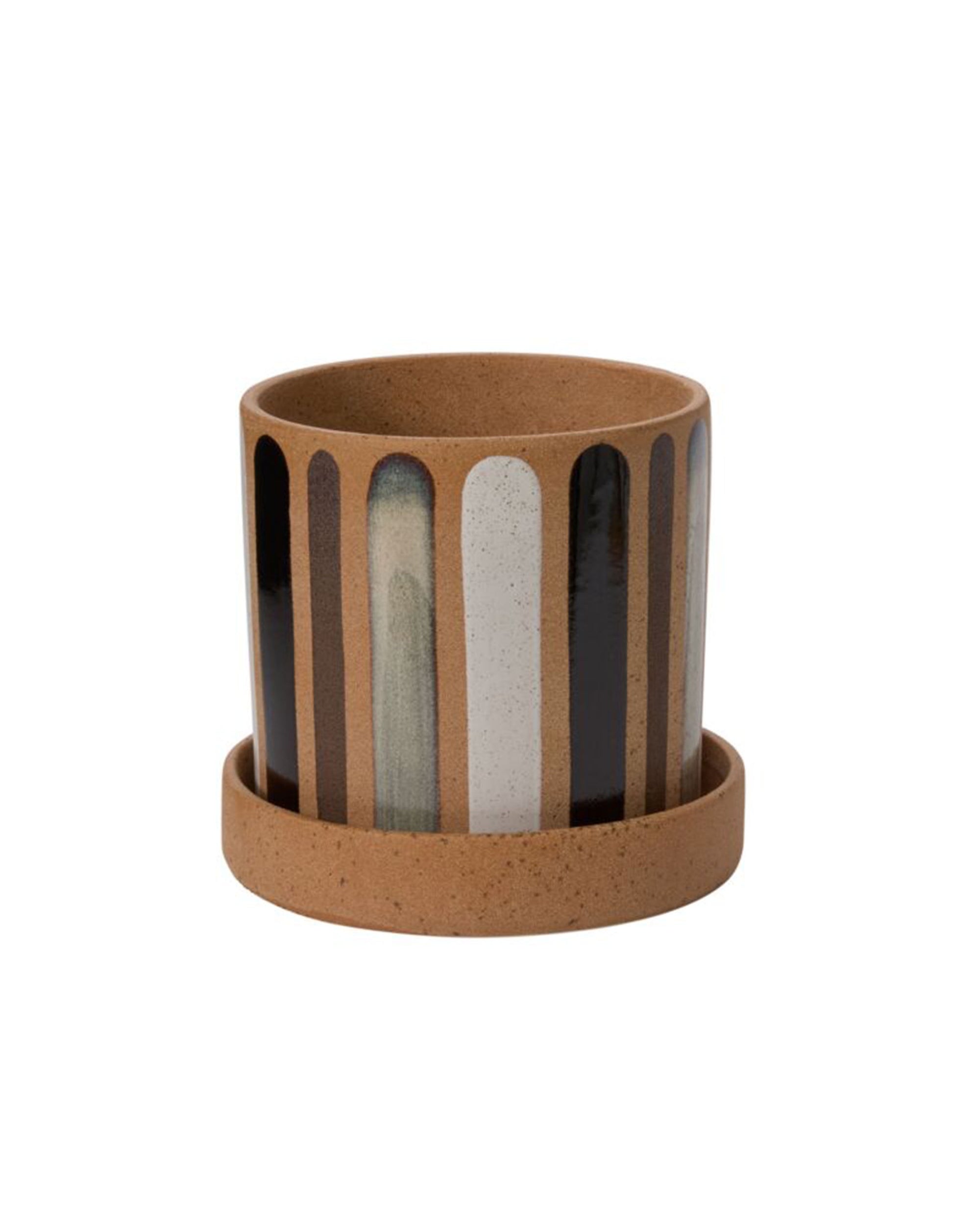 The Truman Pot/Saucer 7.75x7" by Accent Decor is a brown ceramic planter with a matching saucer, hand painted with black, white, and gray vertical stripes—perfect for adding decorative flair to any space.