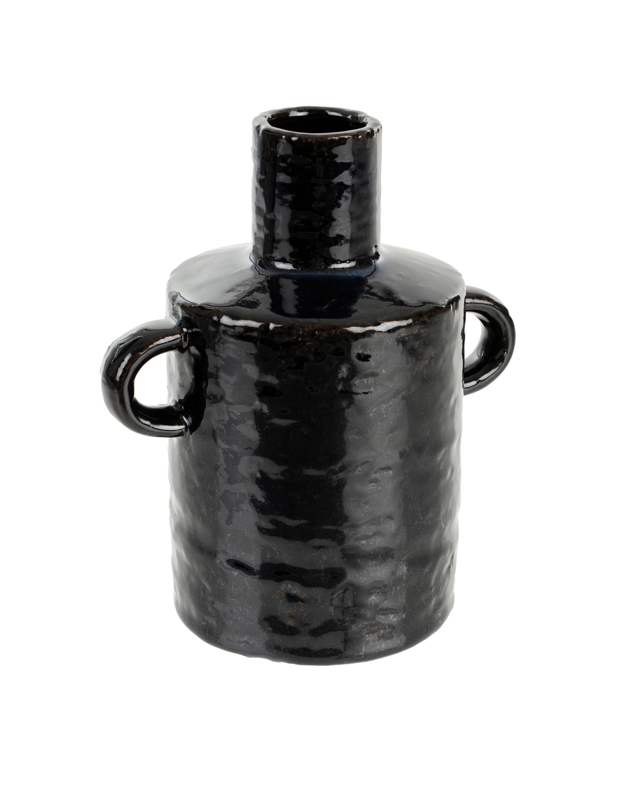 The Indaba Tubac Vase Midnight is a glossy black ceramic vase featuring a cylindrical body, amphora-inspired side handles, and a narrow raised neck—an elegant sculptural piece for modern spaces.