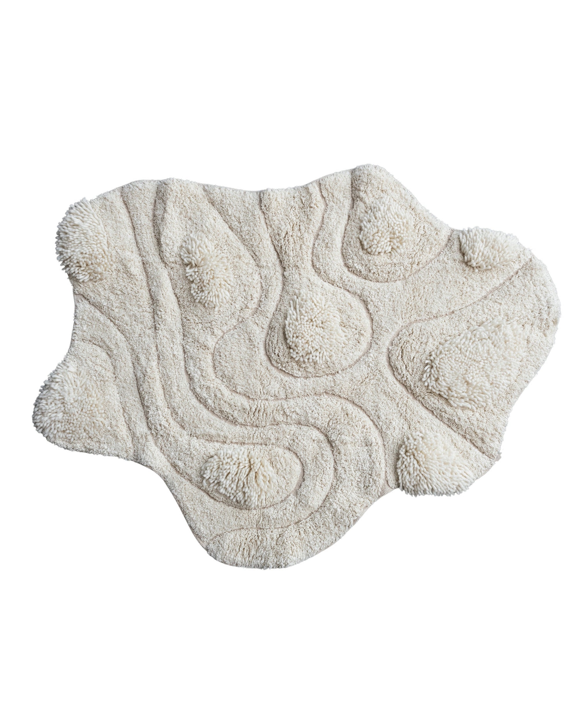 The Bloomingville AH3447 3'x3'8" tufted rug features a textured, irregular beige cotton and wool design with raised, wavy patterns and varying pile heights for an abstract look.