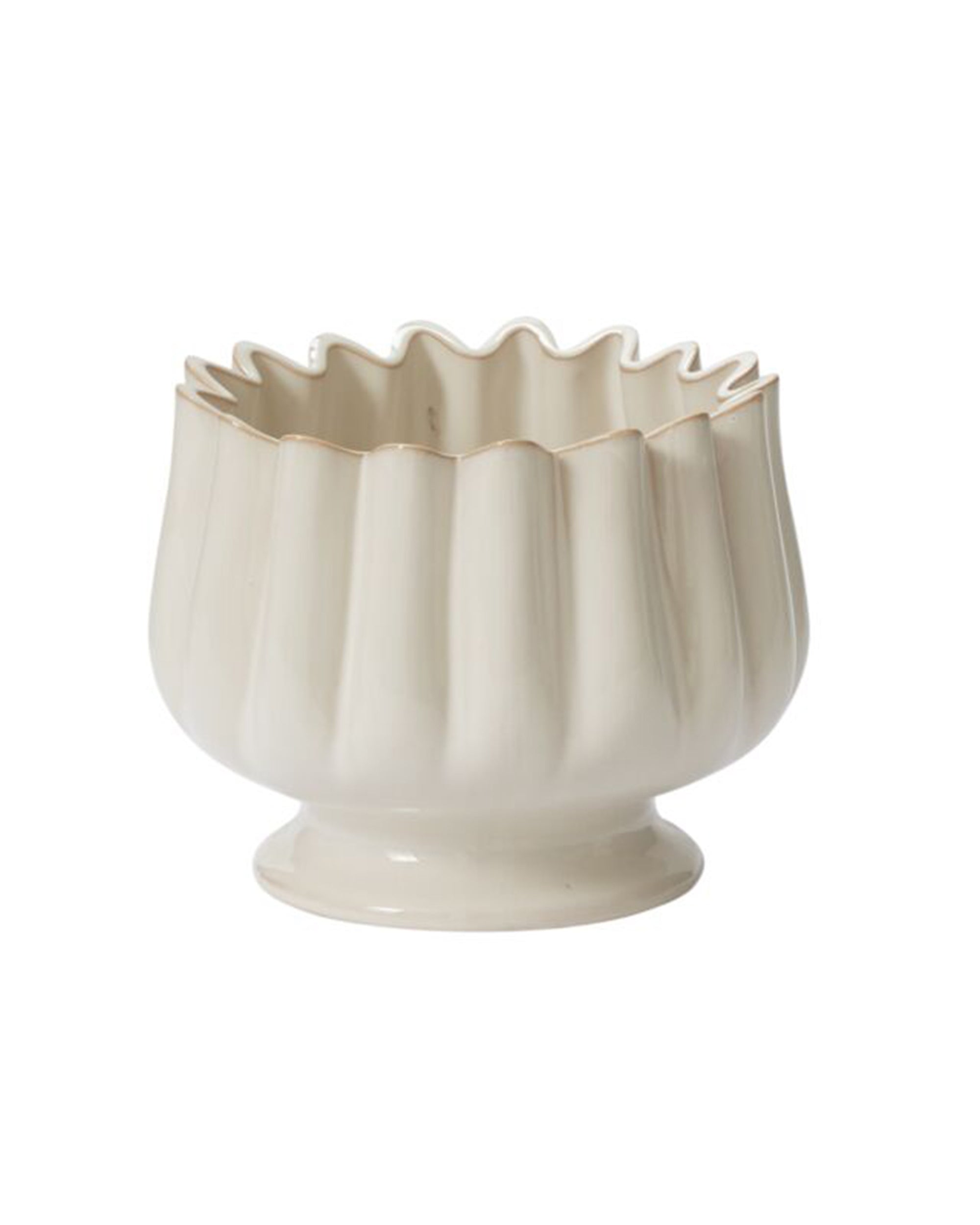 The Accent Decor 98816 Tulipa Compote is a cream ceramic bowl featuring a fluted wavy rim and pedestal base, designed as an elegant white decorative vessel and shown against a white background.