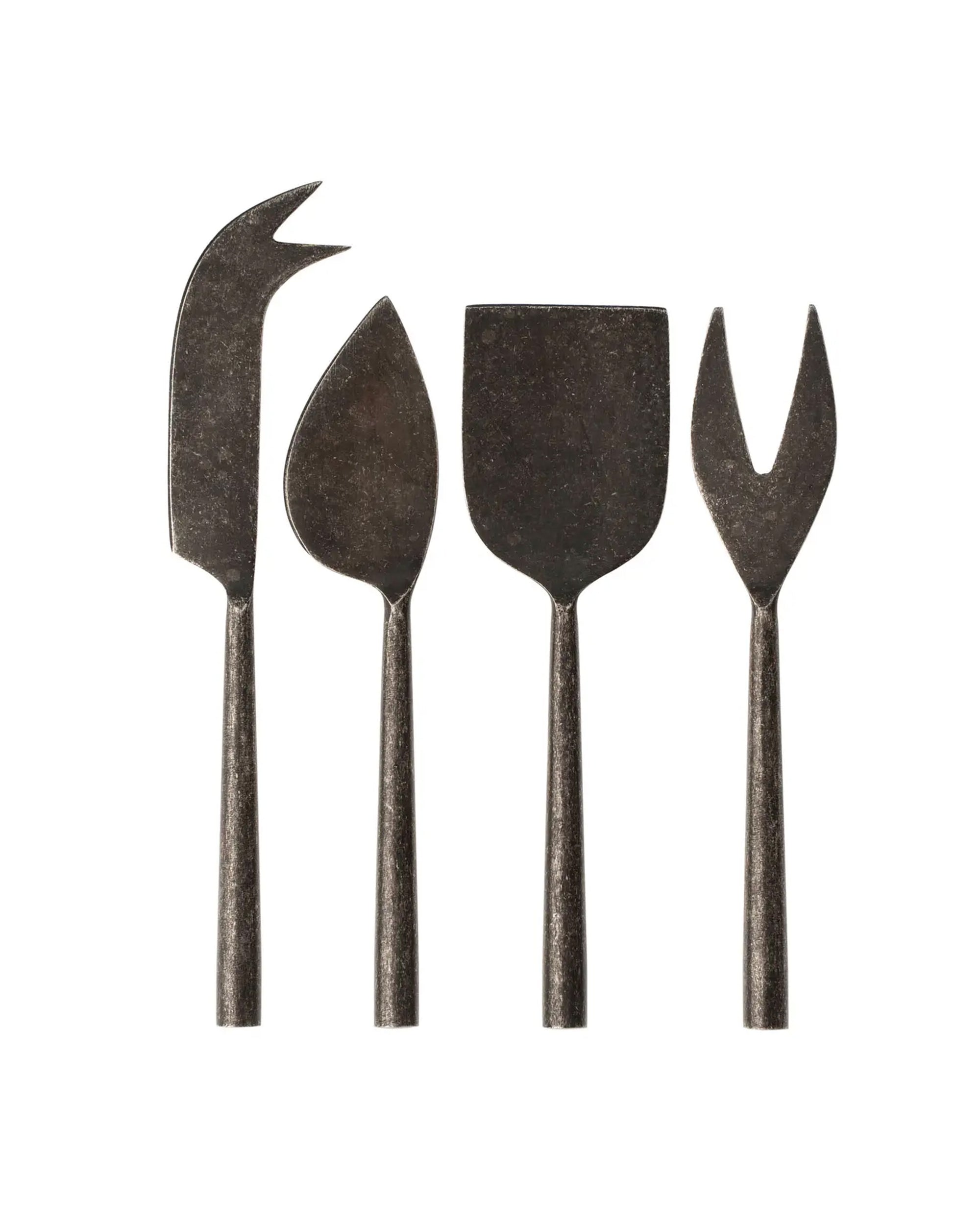 The Indaba 4-7234 Tides Cheese Knives S/4 Black features four hand-forged stainless steel knives with unique blade shapes, displayed upright against a white background.