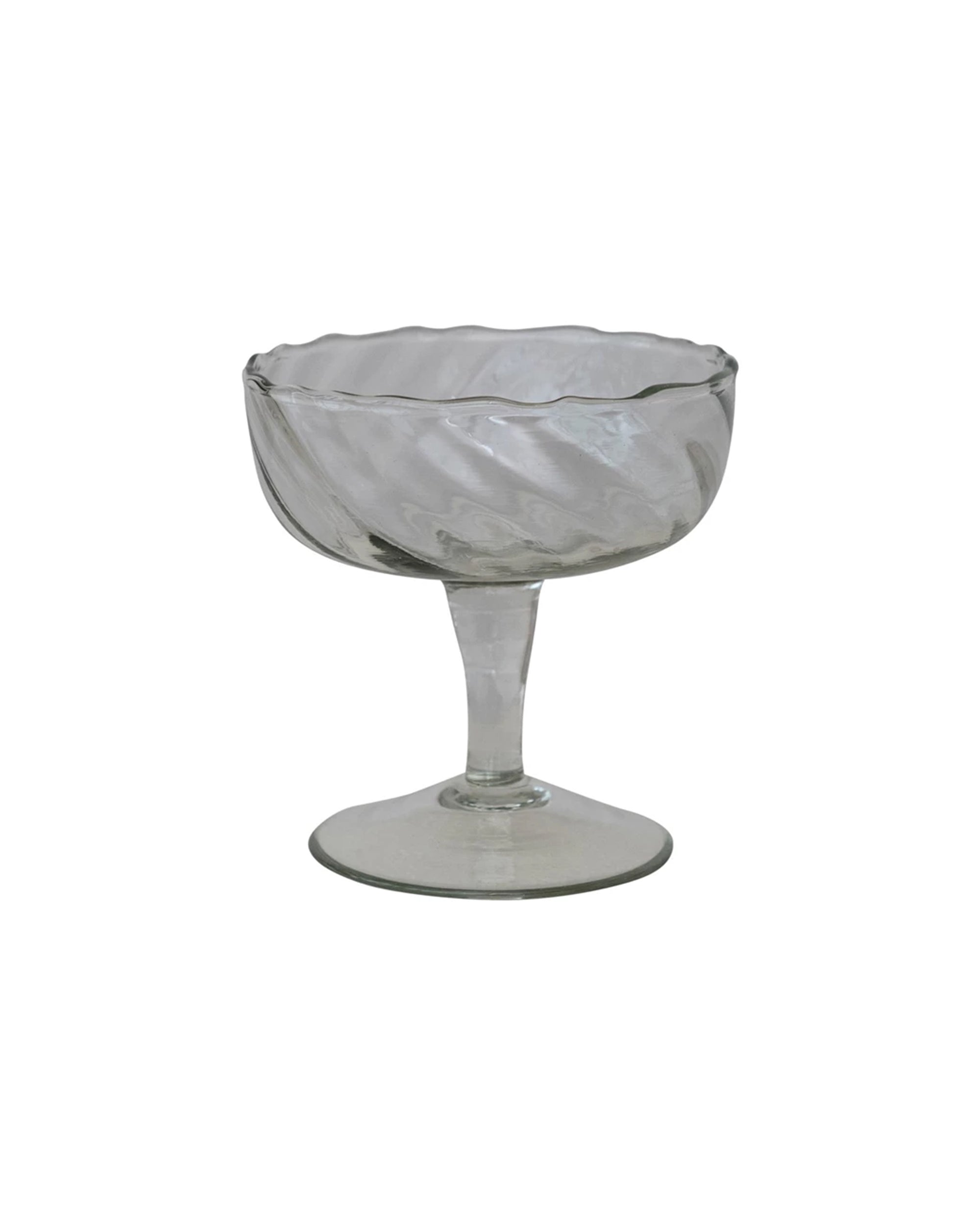 The DG1045 Twisted Stemmed Coupe Glass by Creative Co-op features clear hand-blown glass with a wavy pattern, wide bowl, and short twisted stem on a round base, set against a white background.