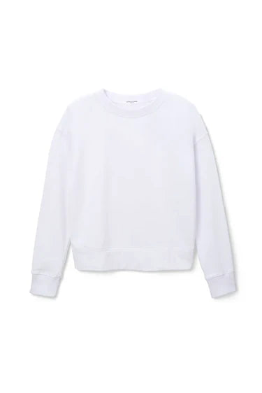 The Perfectwhitetee French Terry Sweatshirt features a relaxed fit, plain white design with long sleeves, ribbed cuffs, and hem, shown against a white background.