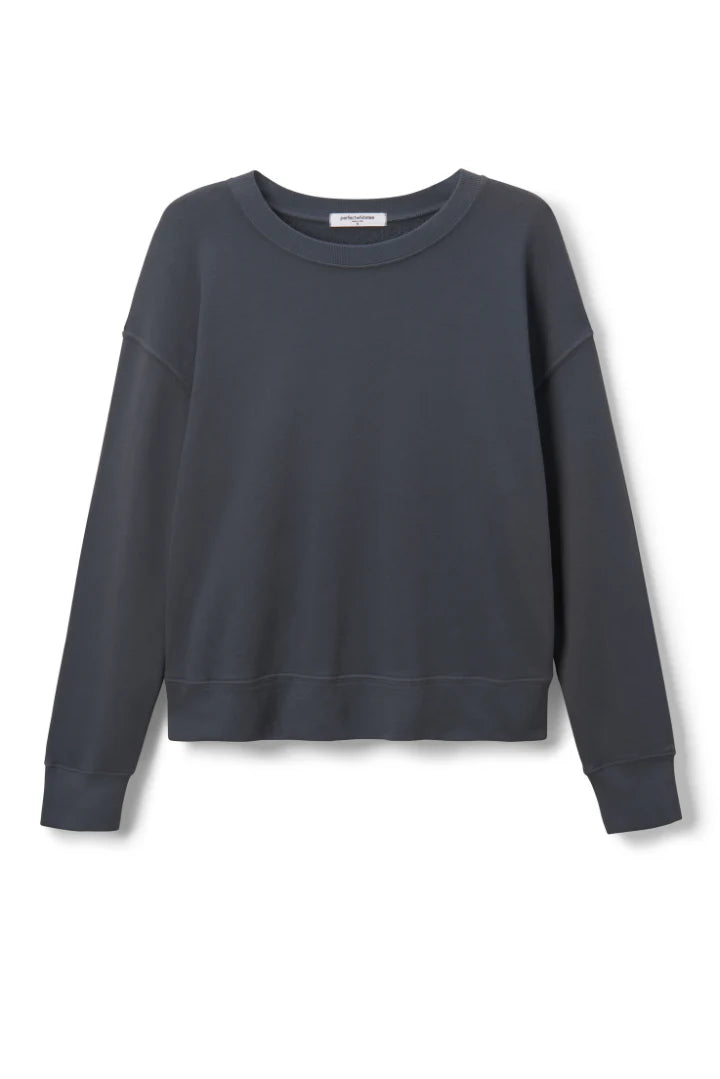 The Perfectwhitetee French Terry Sweatshirt is a vintage-inspired, long-sleeve crewneck in dark gray, shown against a white background.