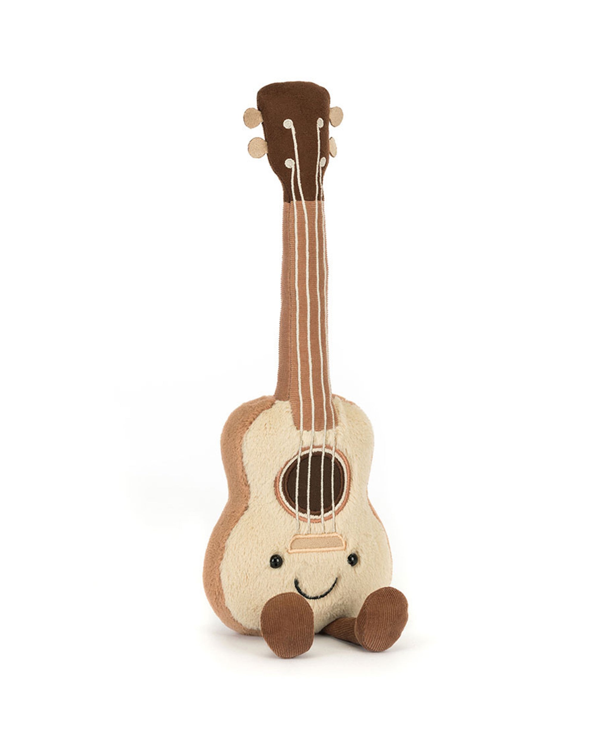 The Jelly Cat Inc. Ukelele is a plush toy shaped like a ukulele, featuring a smiling face, round eyes, soft brown legs, and cream and brown colors—complete with stitched details for summer fun or as a cheerful party companion.