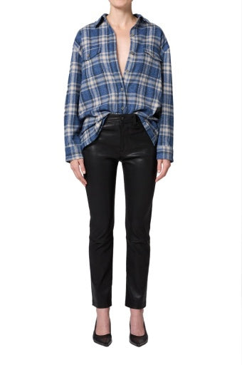 Vintage marina plaid button-up shirt by Citizens of Humanity paired with black leather pants and black heels.