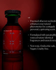 A dark red glass bottle labeled "The Nue Co Pheremone Fragrance 50ml" stands against a red background. To the right, white text promotes its pheromone-enhancing scent, patented technology, natural ingredients, and cruelty-free vegan formula.