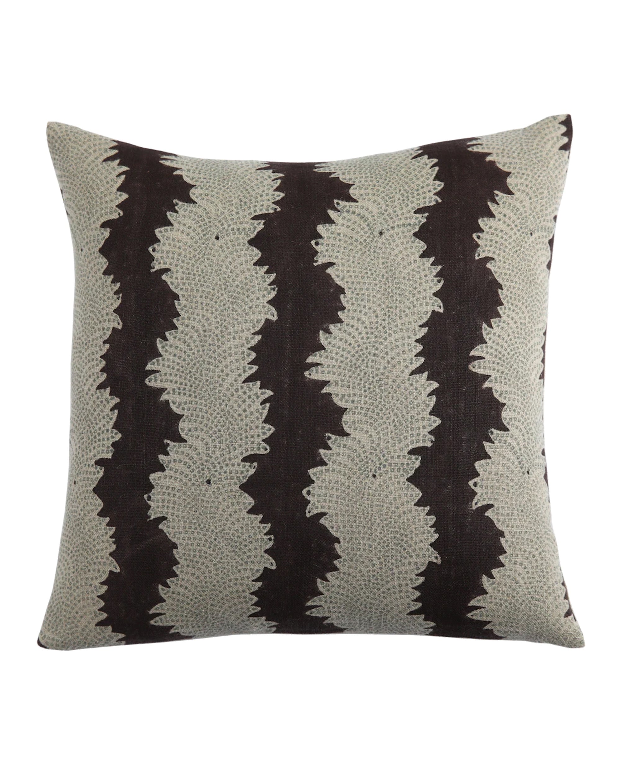 The Valencia Coco 24x24 pillow by Filling Spaces LLC features a modern geometric look with a dark brown and light beige zigzag pattern and small dotted accents, hand block-printed on linen.