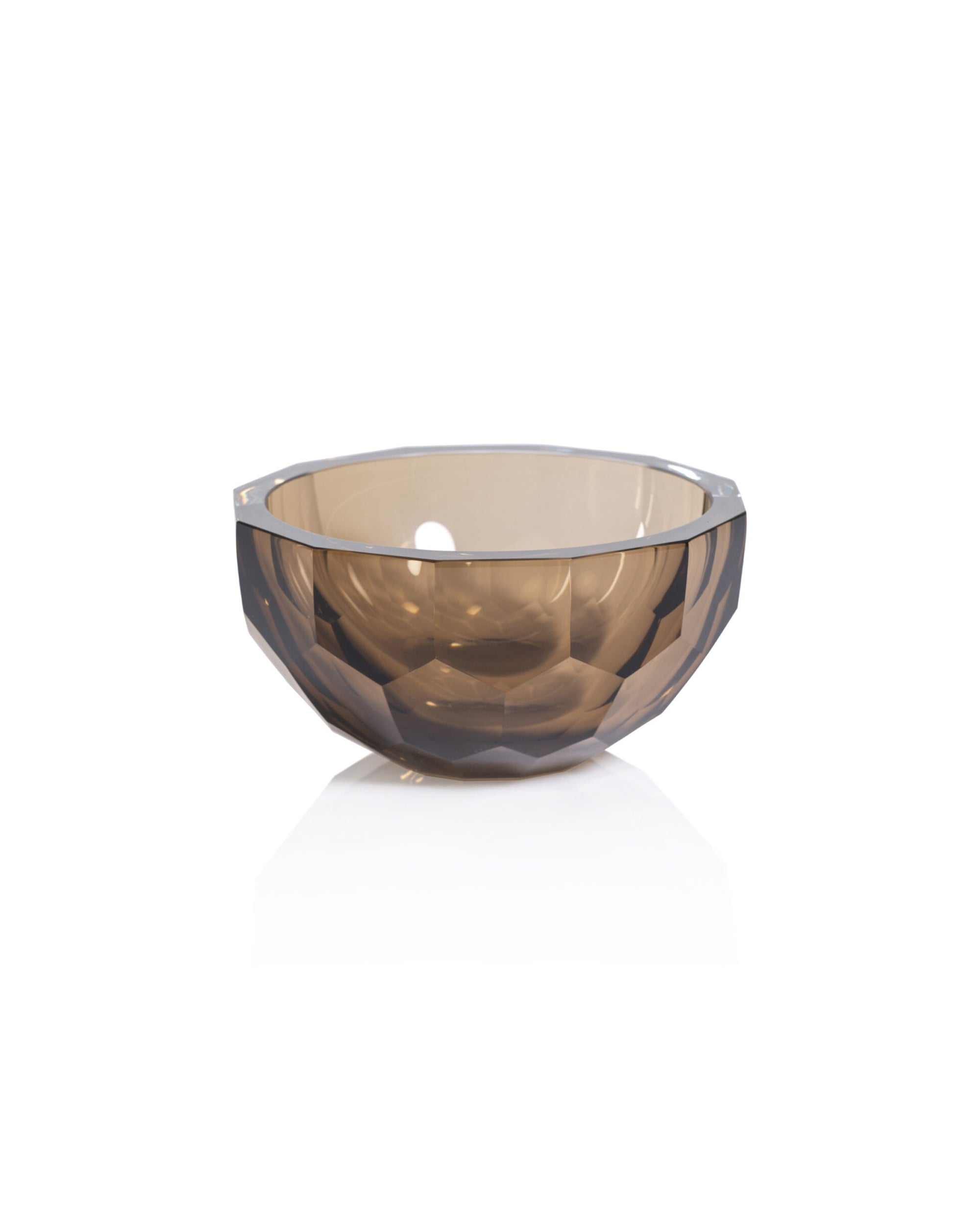 The Zodax CH-7467 Vallees Cut Glass Bowl features a faceted, translucent brown design with geometric patterns—an elegant decorative centerpiece, showcased on a white background.