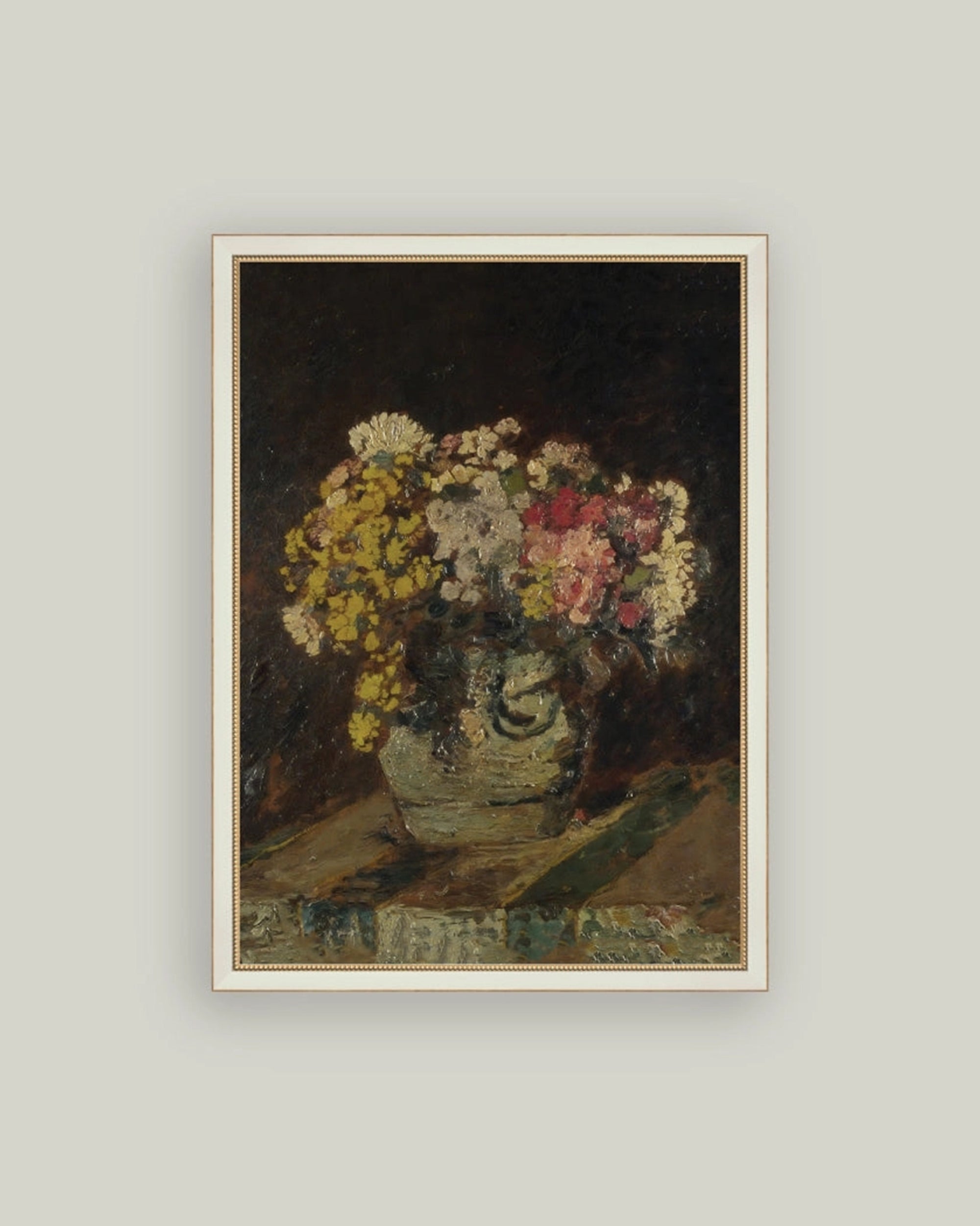 The Vase of Pink & Yellow Flowers Framed Art by Petal Lane Home features vibrant blooms set against a dark background in an ornate frame, offering premium canvas artwork inspired by Monticelli’s style.