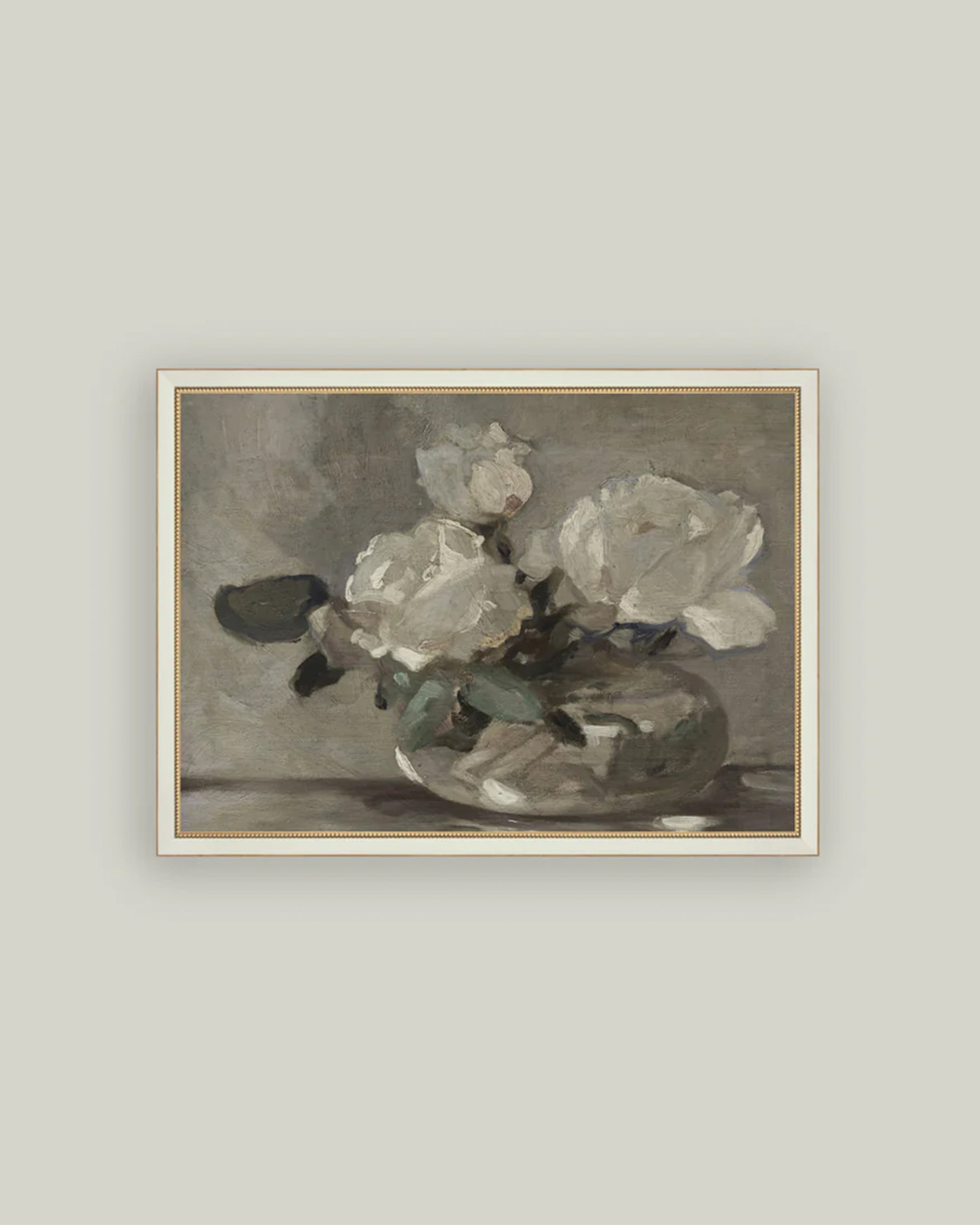 White Rose Vase by Petal Lane Home: a vintage still life of white flowers in a glass vase, painted with soft, muted tones and visible brushstrokes, set against a neutral backdrop in an elegant antique frame.
