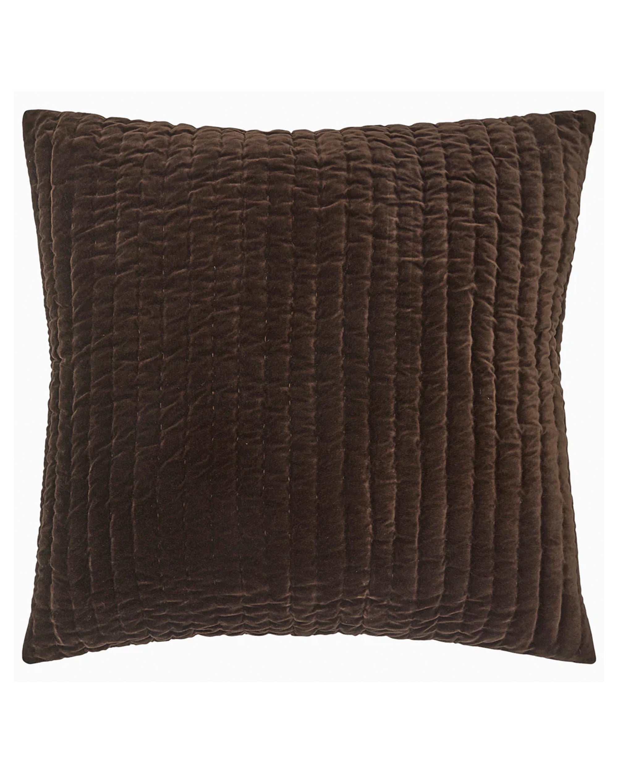 The John Robshaw Velvet Euro 26x26 is a rectangular, dark brown pillow with a soft velvet texture and horizontal channel quilting, displayed against a white background.