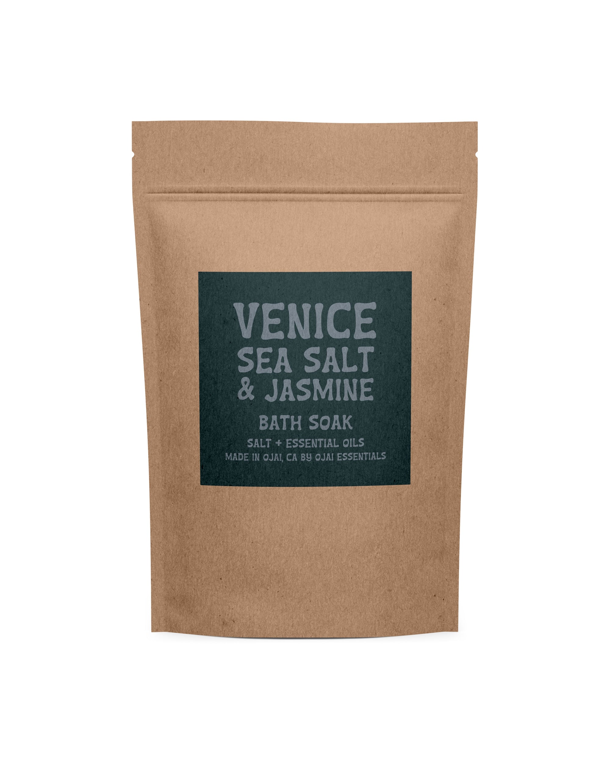 A brown resealable pouch labeled "Venice Sea Salt/Jasmine Bath Salts" by Faire combines bath soaks and essential oils, offering a perfect self-care ritual.