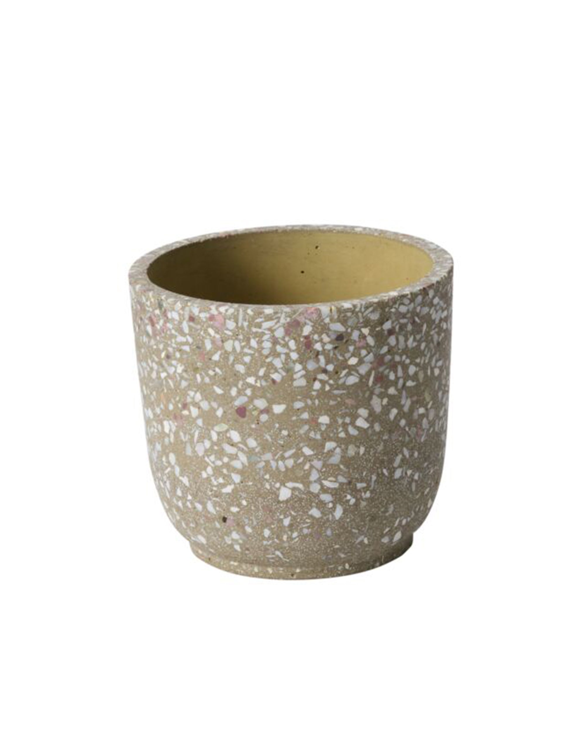 The Accent Decor 58187 Verde Pot is a round, neutral terrazzo planter with a beige base and white and pink speckles, featuring a smooth finish and wide open top, displayed against a plain white background.