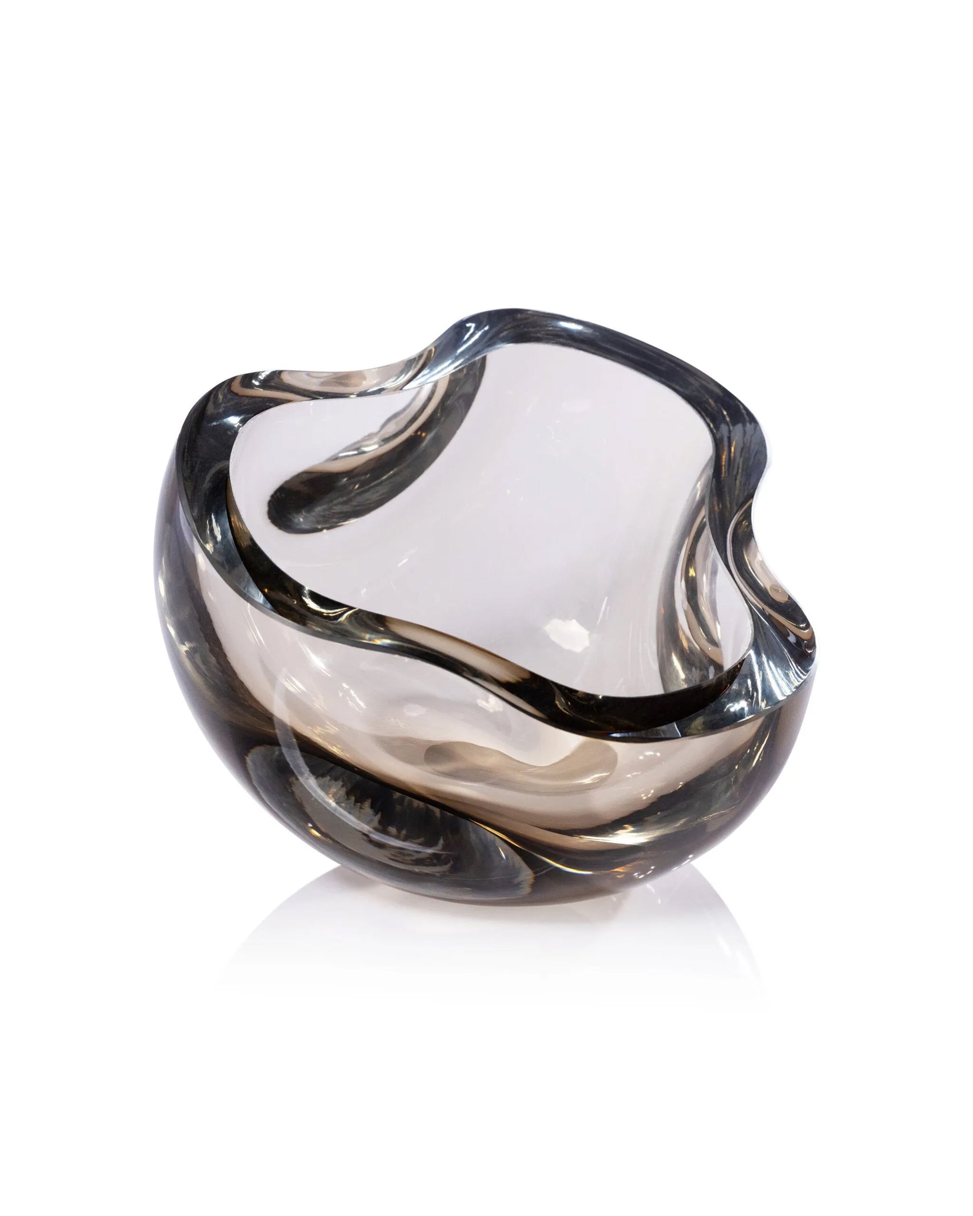 The Zodax CH-7877 Viento Glass Bowl is a modern clear glass piece featuring organic curves and a thick, smooth rim, displayed on a white background.