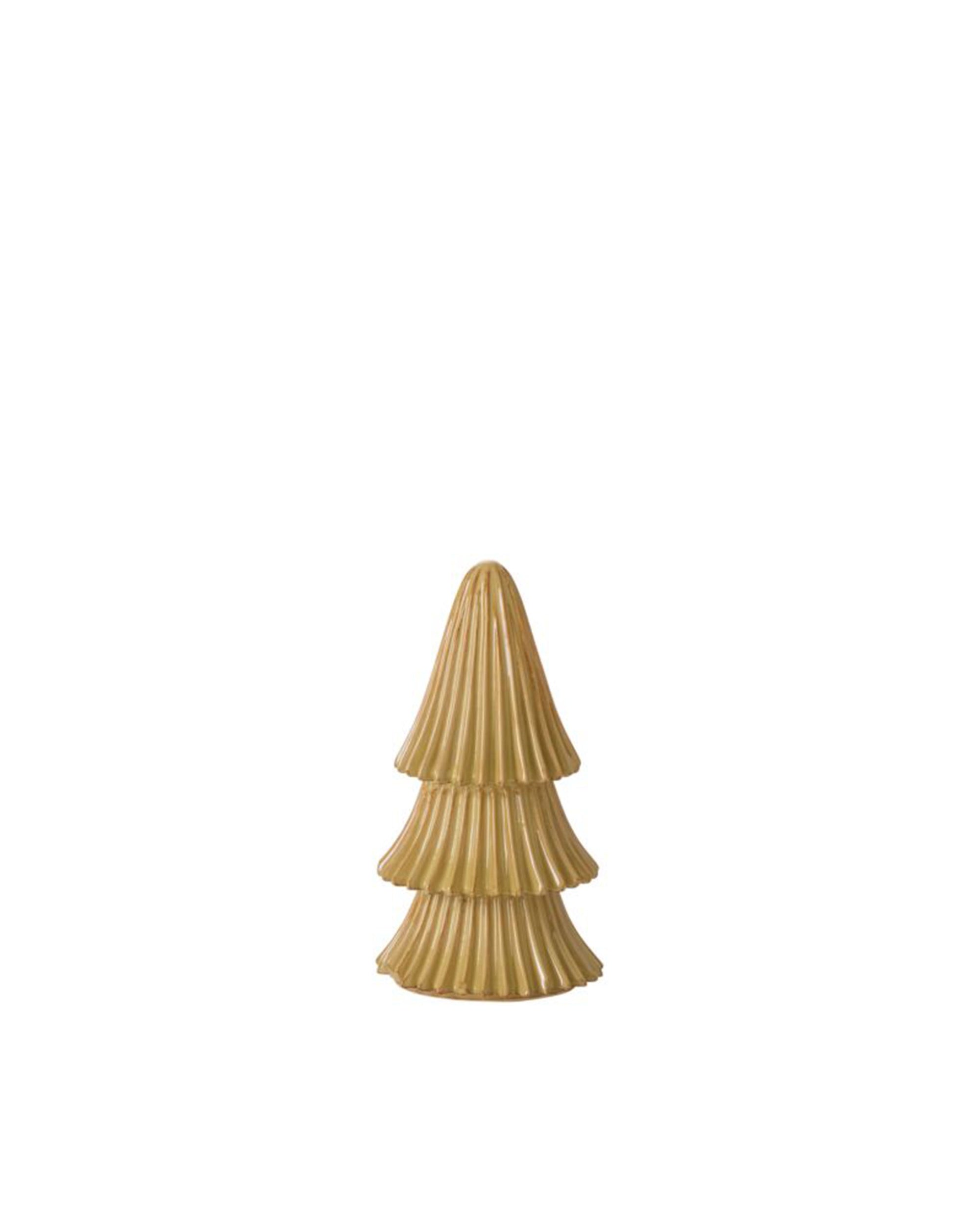 The Accent Decor Village Tree Small features a yellow ceramic design with ridged layers, resembling a stylized Christmas tree—ideal for festive holiday displays or as an addition to your Village Collection.