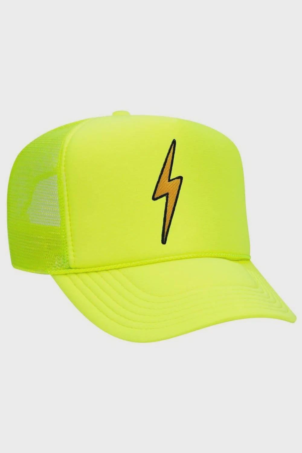 The Aviator Nation bolt - vintage low rise trucker hat features a bright yellow design, black lightning bolt on the front, mesh back, and adjustable closure.