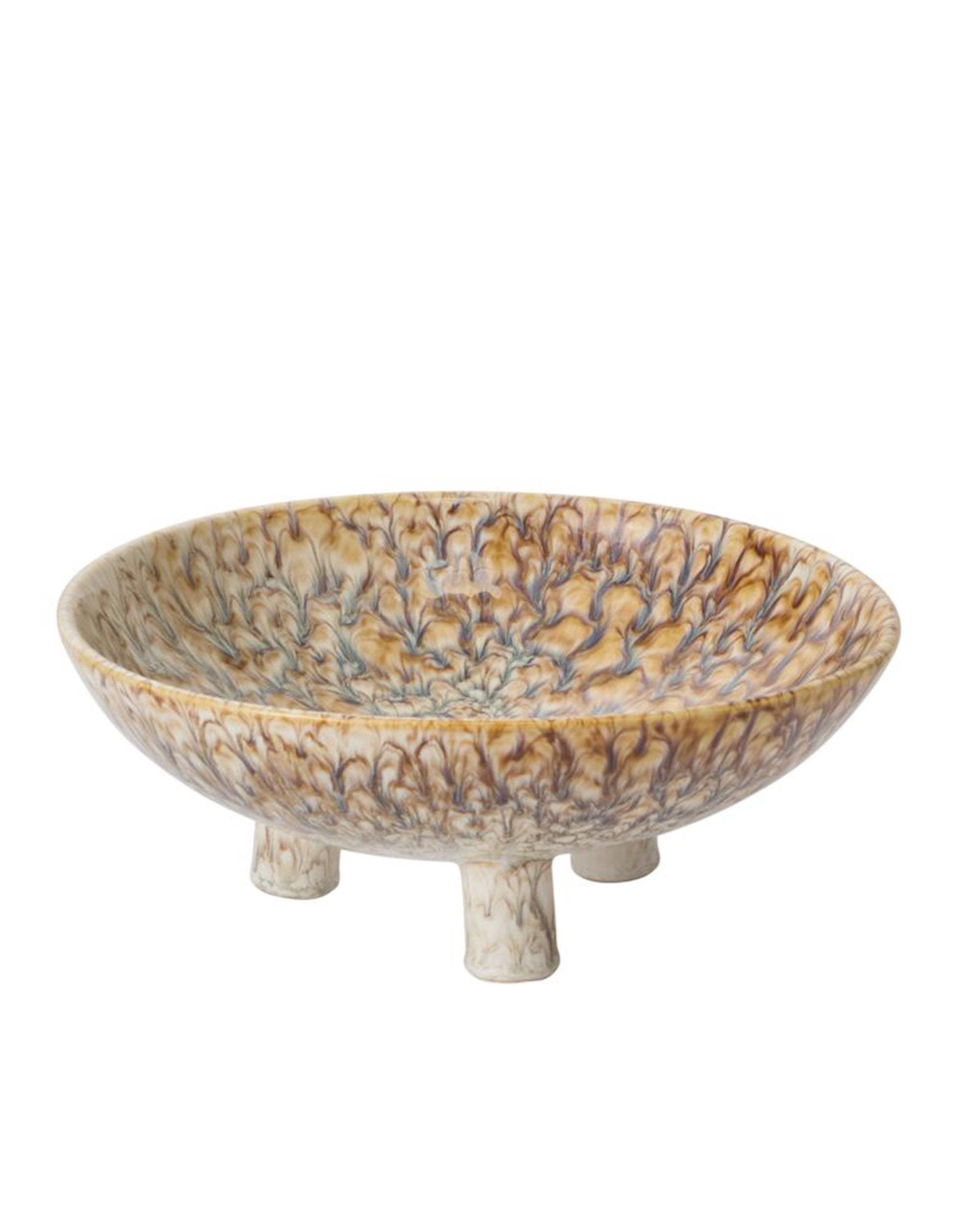The Accent Decor 51630 Walden Bowl is a shallow, round, footed ceramic bowl with a marbled beige and brown glaze on three short legs—ideal as sculptural home decor or a decorative centerpiece.