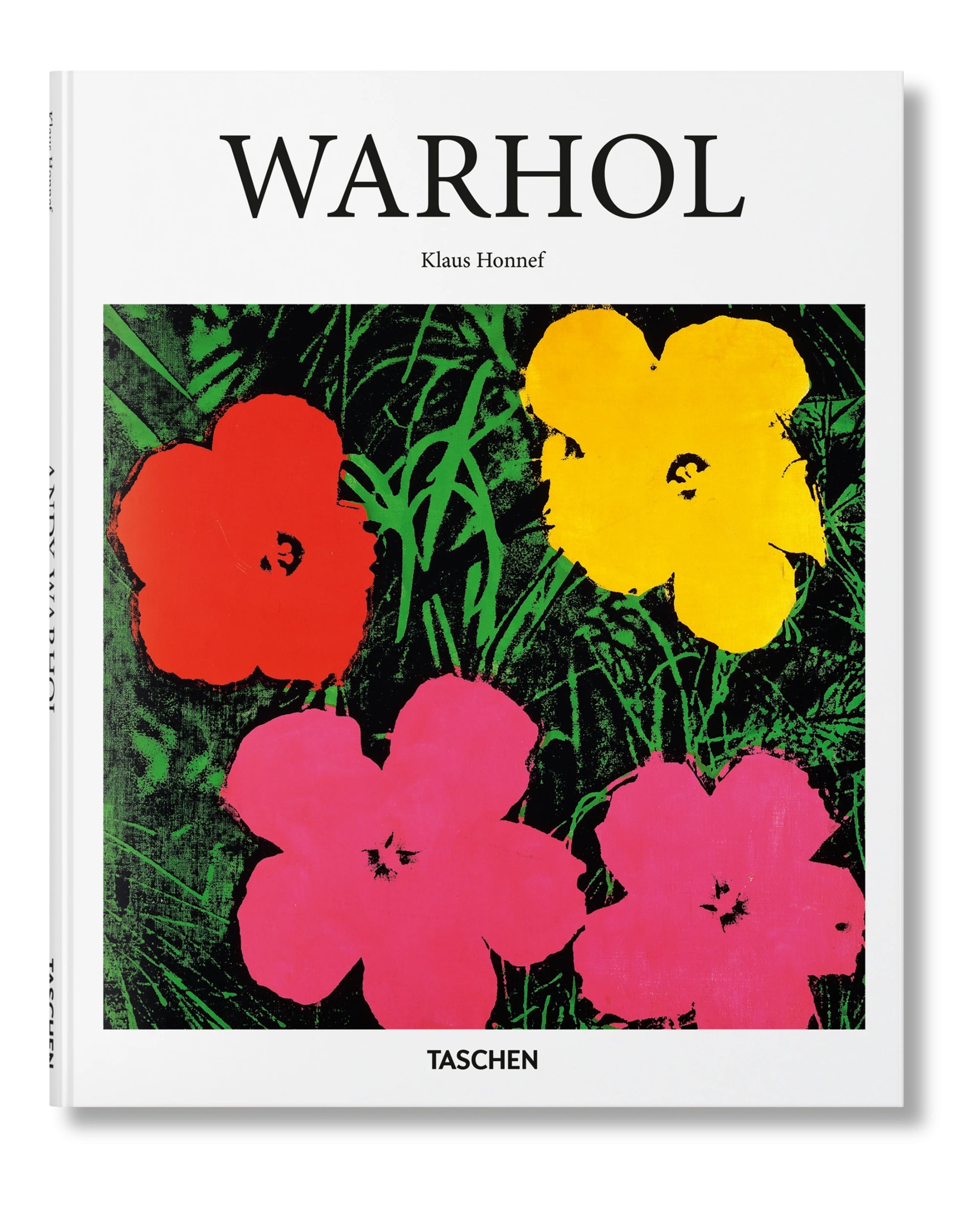 Book cover for "Warhol Basic Art Edition" by Ingram Book Company, featuring Andy Warhol’s colorful pop art with red, yellow, and pink flowers on a green background.