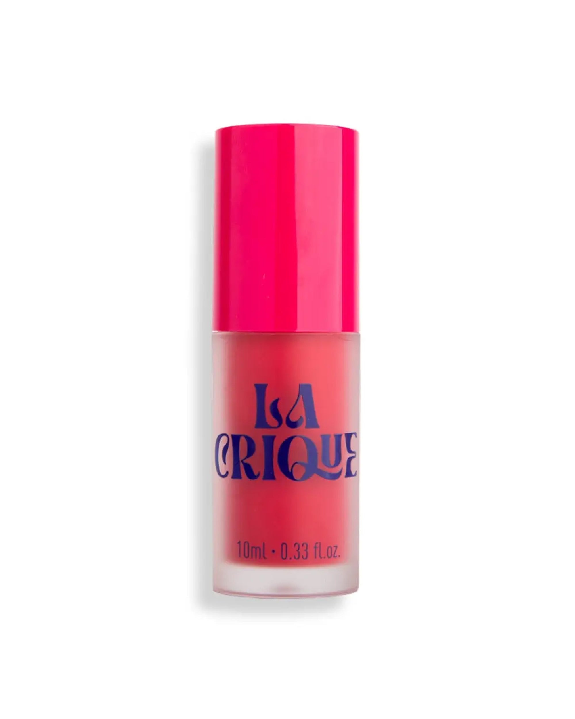 A 10ml (0.33 fl. oz.) bottle of Faire 04 Water Lip Balm Shade, featuring a raspberry pink cap and bold blue lettering on a frosted container, resembles a matte transfer-proof lip color against a white background.
