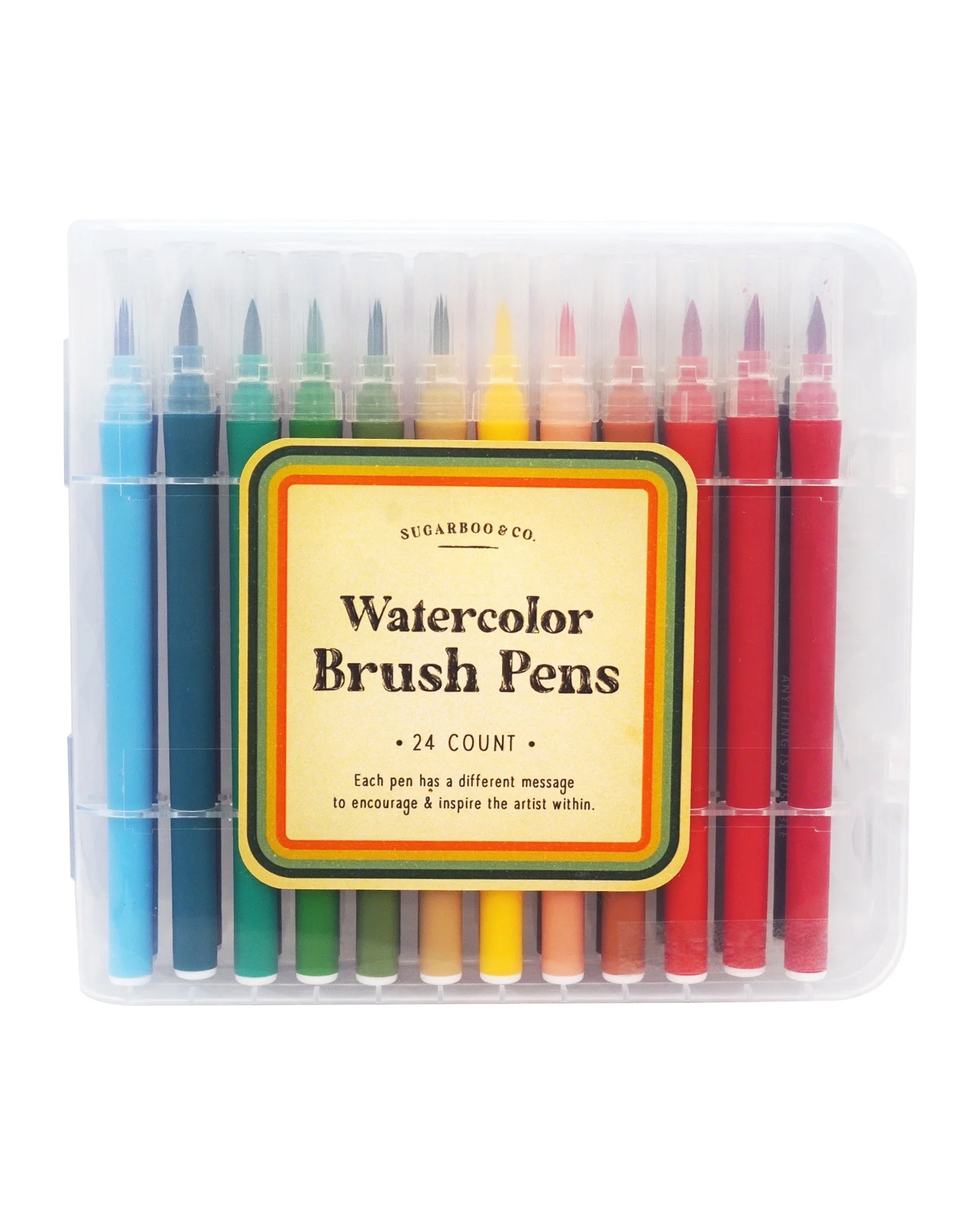 Sugarboo Designs Watercolor Brush Pens—24 vibrant colors in a plastic case, beautifully arranged by shade and perfect for artists. A must-have art supply and thoughtful gift for any creative.