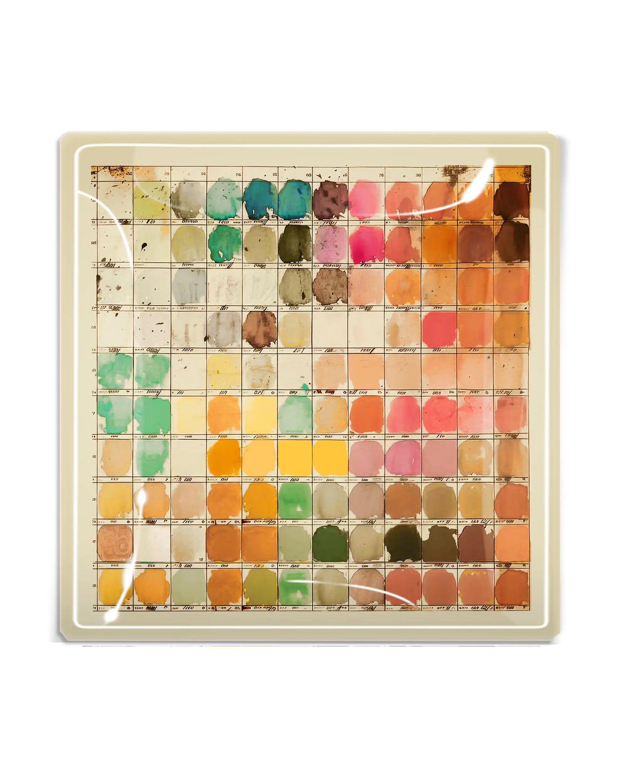 The Watercolor Artist's Palette Glass Tray by Faire features a vintage grid of colorful paint swatches with handwritten labels—a perfect inspiration for artists or a decorative accent in any creative space.