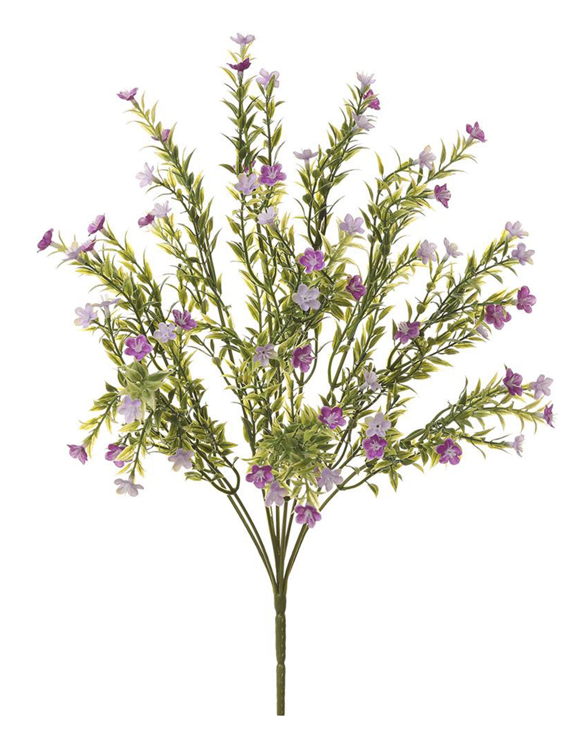 The AllState Floral And Craft WaxFlower Bush is an artificial greenery bouquet with 20-inch lavender stems and small purple and white flowers, arranged fan-shaped against a white background.