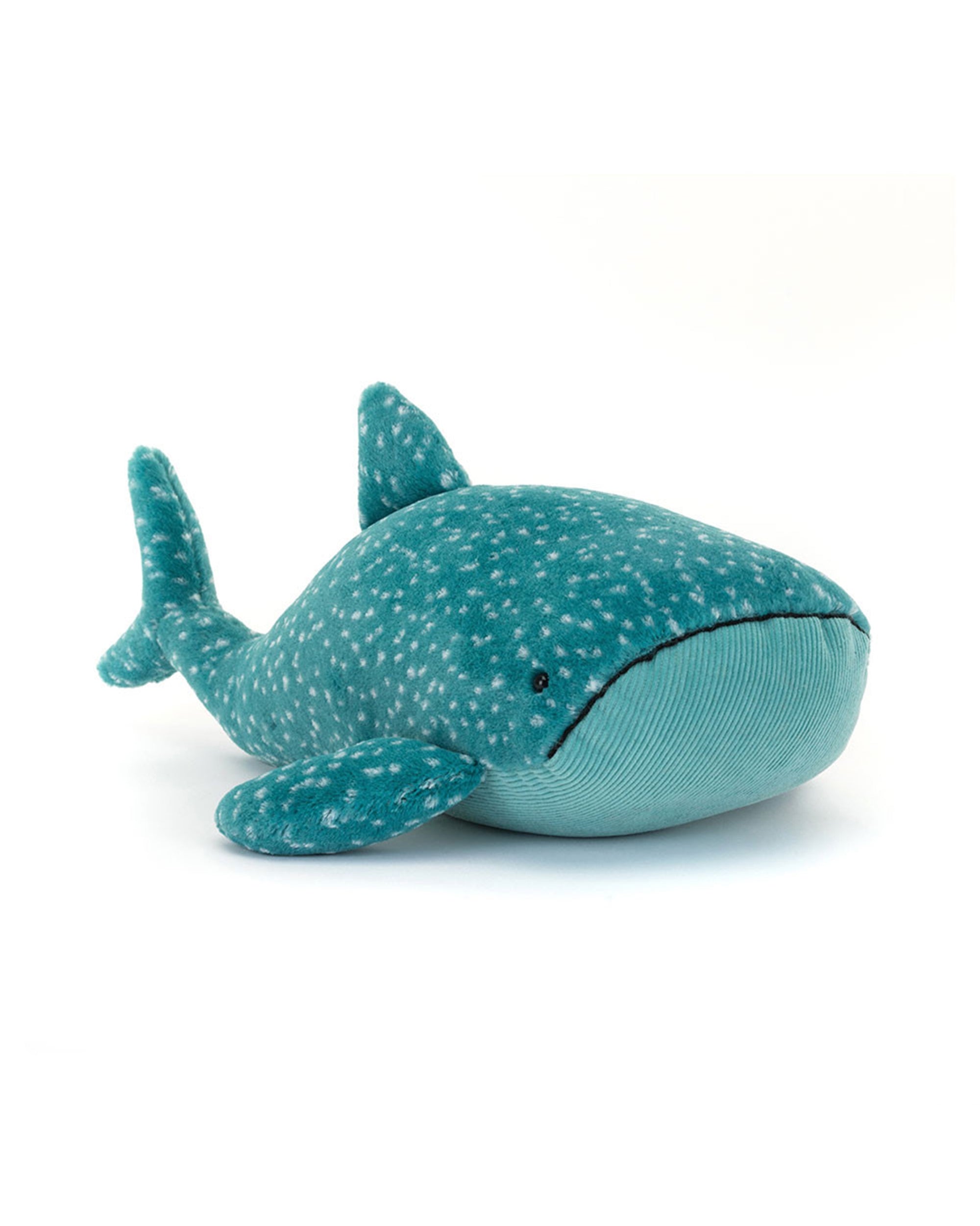 The Gobfrey Whale Shark by Jelly Cat Inc. is a plush toy in teal blue with white spots, small fins, and a stitched eye—ideal for Gobfrey fans or sea shanty lovers—shown on a plain white background.
