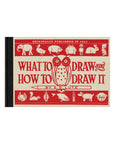 Book cover for "What To Draw and How To Draw" by Faire features red animal illustrations and a central owl. Classic drawing guide for aspiring artists, first published in 1913, with animals bordering the title on all sides.