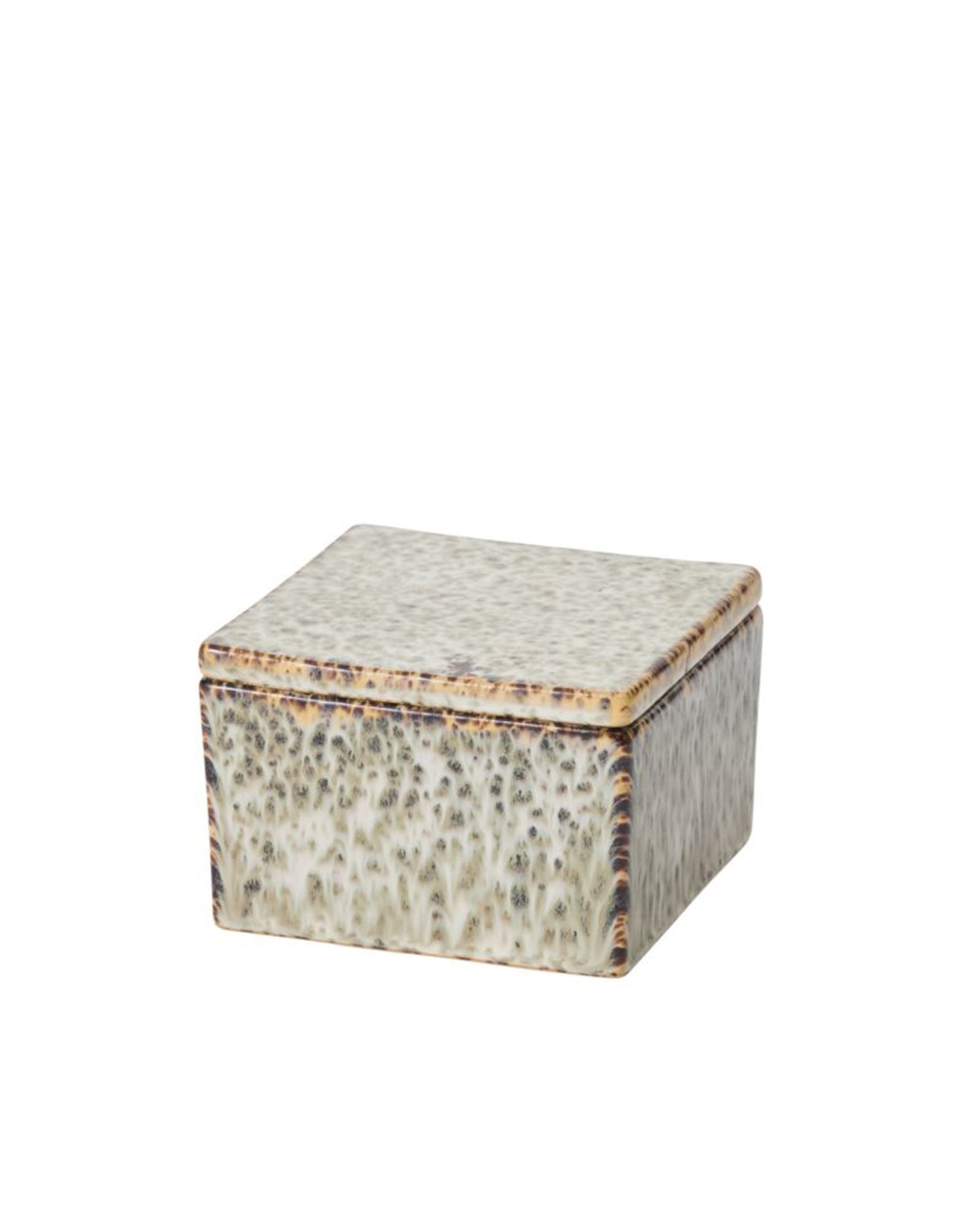 The Whisper Lidded Box by Accent Decor is a small, rectangular ceramic container with a speckled gray and beige pattern, rounded edges, and lid—ideal for storing jewelry or adding a decorative touch to your home.