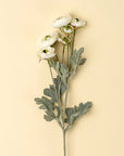 The Indaba Ranunculus Spray, White features layered white petals and green-gray leaves, set against a light beige background—ideal for adding elegance to vases or as realistic faux floral decor.