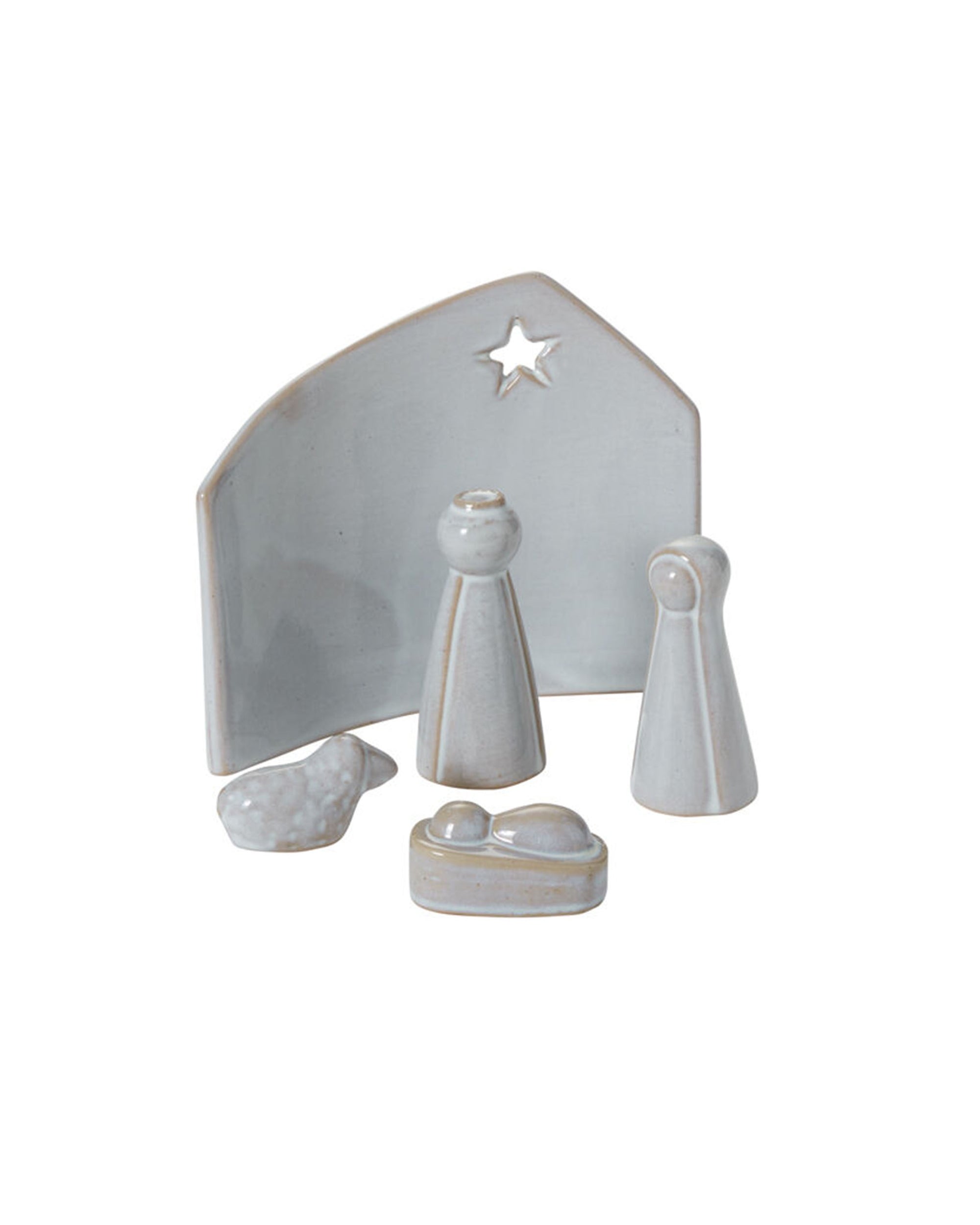 The Accent Decor Claro Nativity Set features a minimalist light gray ceramic design with a star backdrop, two standing figures, baby in manger, and animal—an elegant modern centerpiece for the holidays.