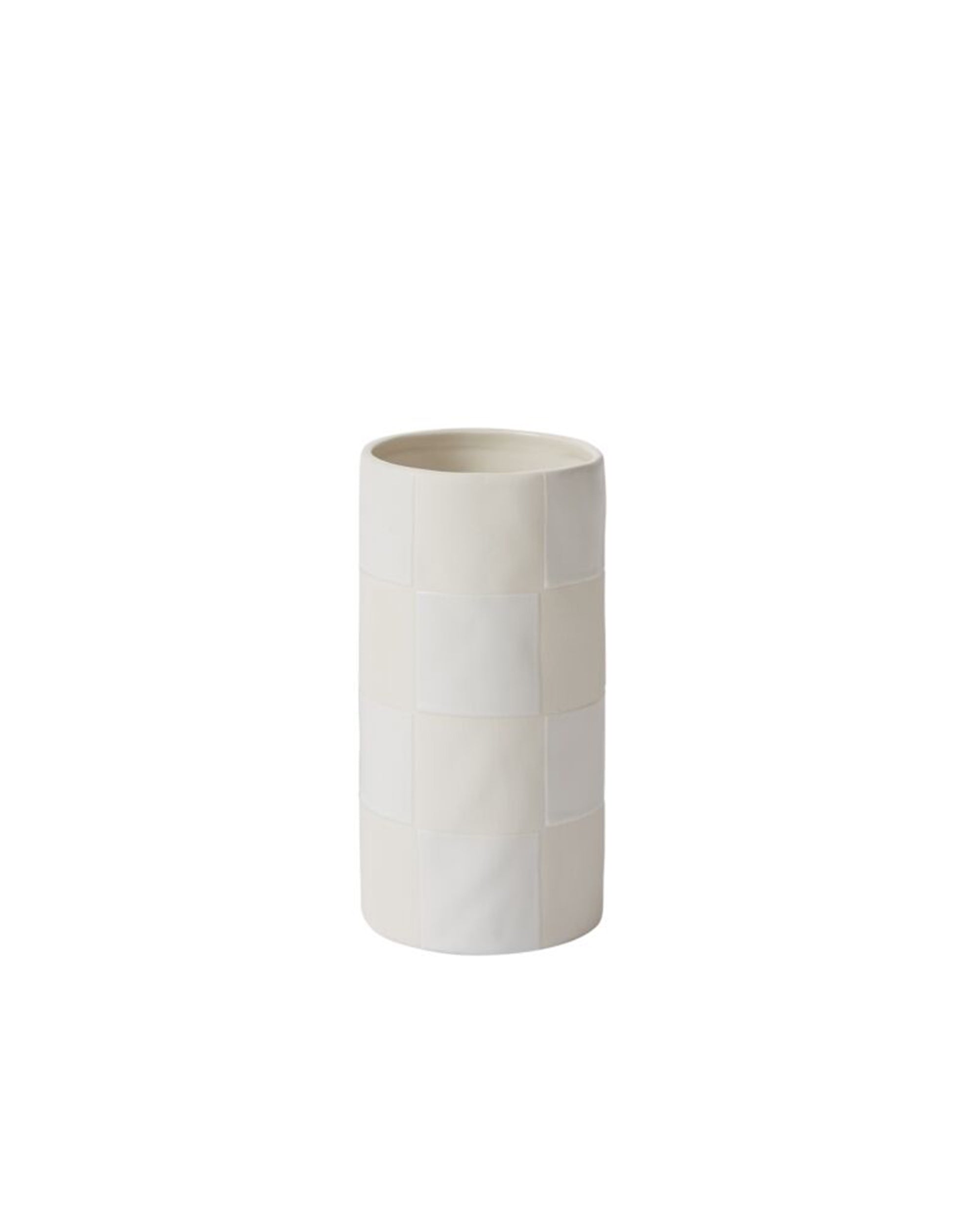 The Accent Decor 55588 Checkerboard Vase S is a white cylindrical vase featuring a subtle checkered square pattern, shown against a plain white background.