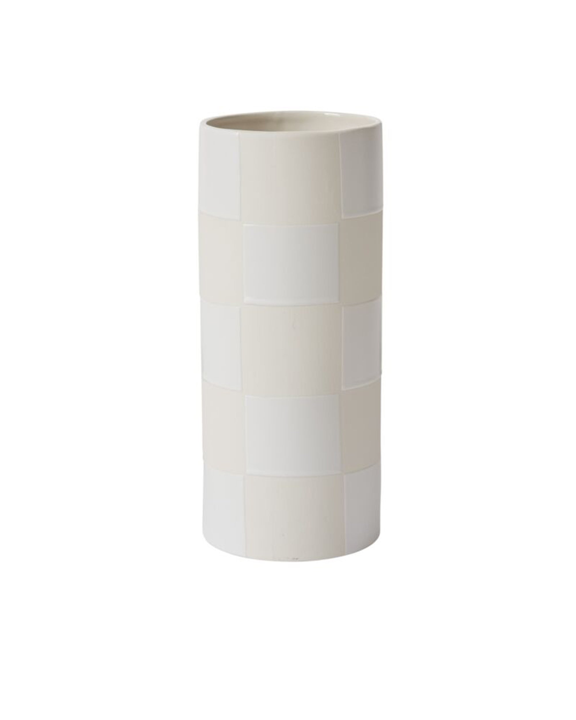 The Accent Decor 55589 Checkerboard Vase is a hand-painted ceramic piece with a cylindrical shape, showcasing a subtle matte white and off-white checkerboard pattern on a plain white background.