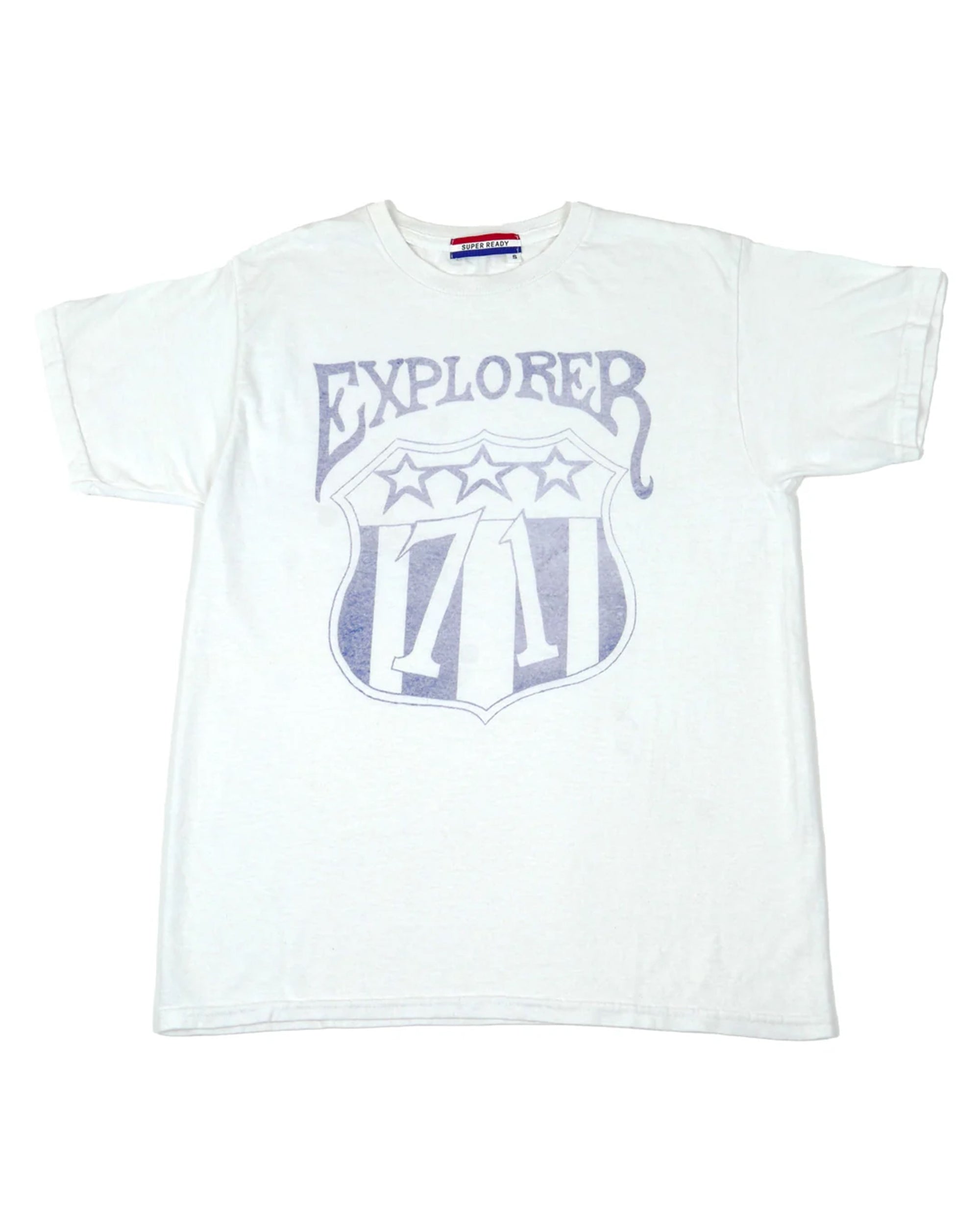 The Explorer T by Hype Factory Inc. is a white, unisex 100% cotton tee featuring "EXPLORER" above a shield with three stars and the number "711" in large, faded letters on the front for all-day comfort.